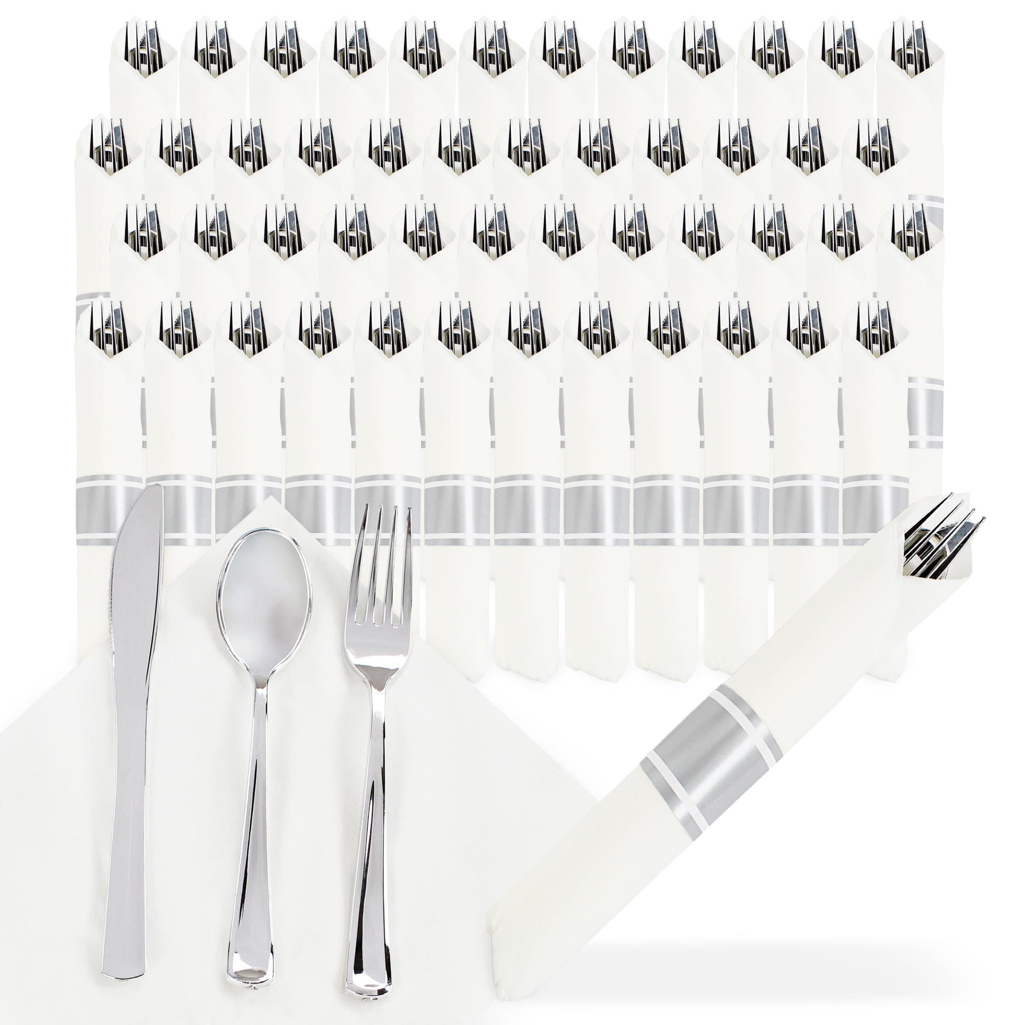 Spec101 Silver Plastic Silverware Sets for Parties Set of 300 - Pre Rolled Disposable Cutlery Individually Wrapped Plastic Utensils Set with Napkins