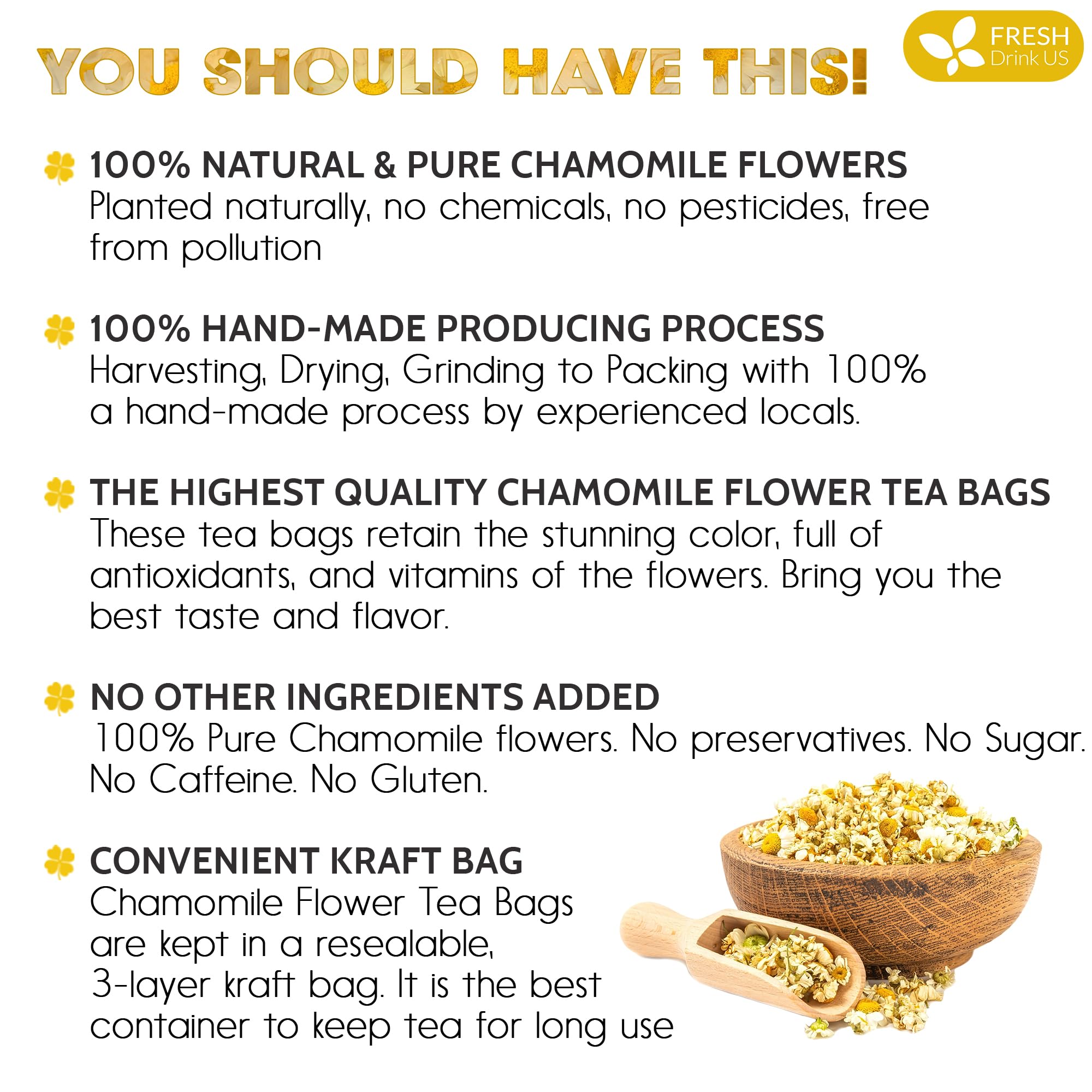 FRESHDRINKUS, Premium 60 Chamomile Tea Bags, 100% Natural and Pure Chamomile Flowers, Eco-conscious Tea Bags. Herbal Tea. No Sugar, No Caffeine, No