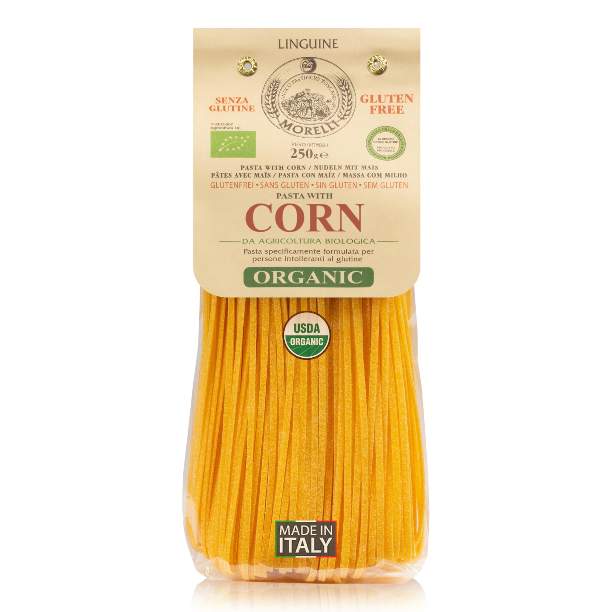 Morelli Organic Gluten Free Linguine Pasta Made with Corn - Vegan Corn Noodles, Imported Organic Pasta from Italy, Italian Gourmet Food - 8.8 oz