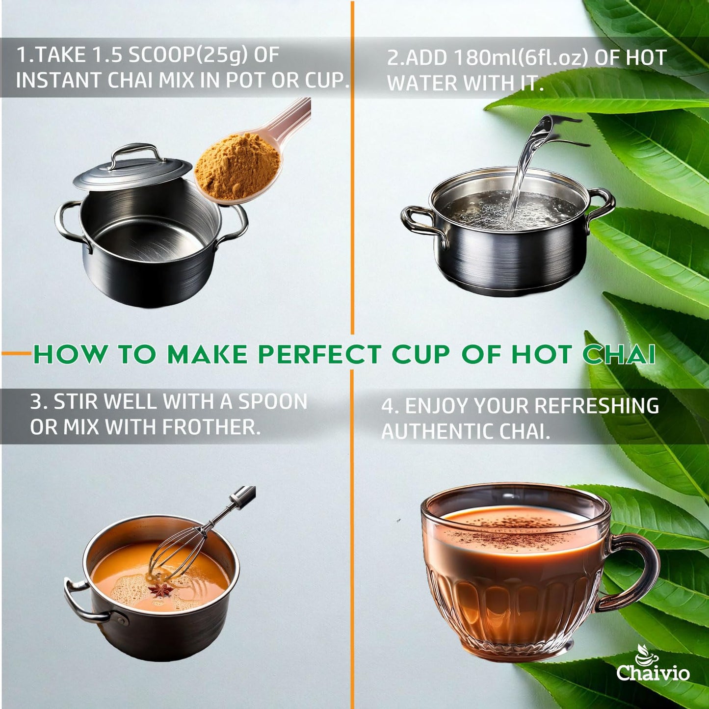 Chaivio Masala Chai Tea Latte, Unsweetened Instant Powder, Authentic Chai-with Natural Ingredients, No Preservatives, Tea Powder, Quick and Healthy