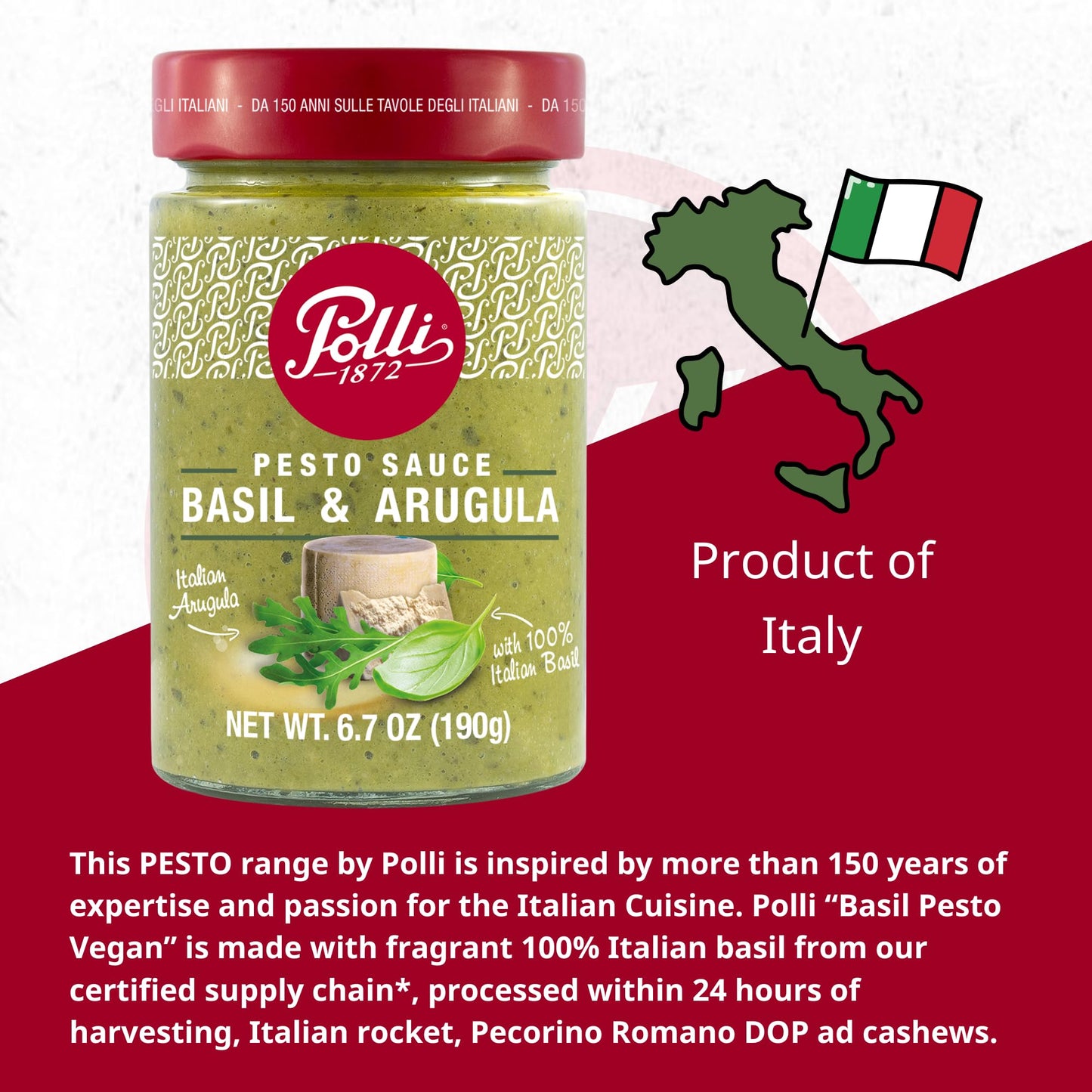Polli Pesto Sauce Arugula & Basil - Italian Green Pesto with Basil, Parsley, Pecorino Romano DOP Cheese & Cashews - 2 Pack (6.7 oz Each)
