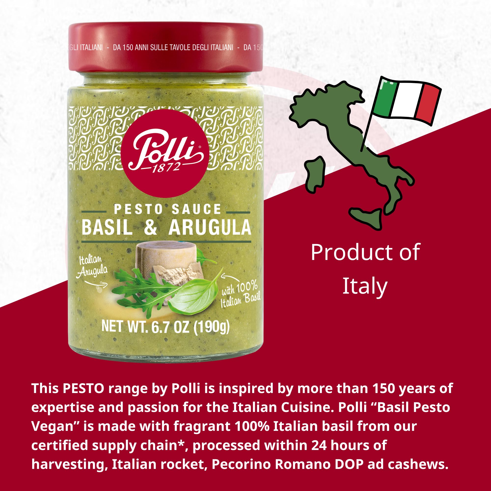 Polli Pesto Sauce Arugula & Basil - Italian Green Pesto with Basil, Parsley, Pecorino Romano DOP Cheese & Cashews - 2 Pack (6.7 oz Each)