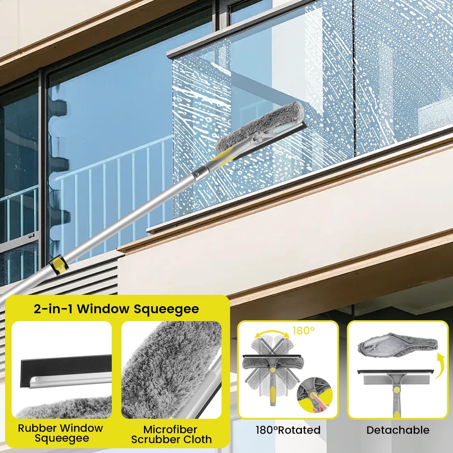 Window Squeegee with Extension Pole, 20FT Reach Squeegee for Window Cleaning, 2-in-1 Windows Washer, 180°Rotated Windows Cleaner Squeegees, Washable