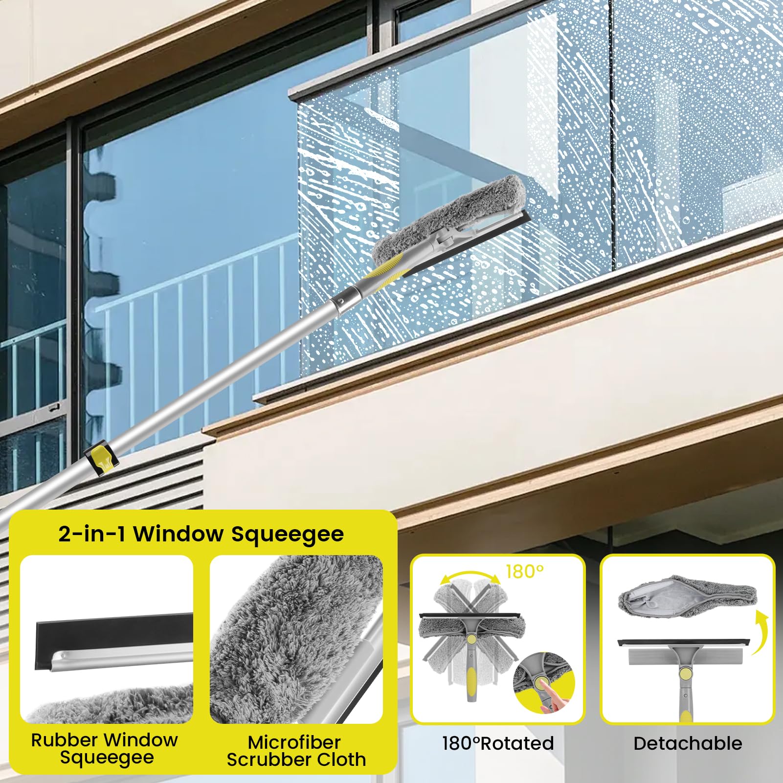 Window Squeegee with Extension Pole, 20FT Reach Squeegee for Window Cleaning, 2-in-1 Windows Washer, 180°Rotated Windows Cleaner Squeegees, Washable