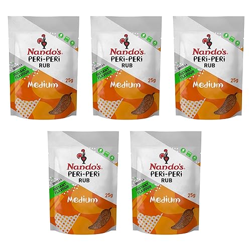 Nando's PERi-PERi Medium Dry Rub - BBQ Seasoning Instant Flavor with a Blend of Garlic, Herbs and Spices with PERi-Peri 25g Bags (5PK)