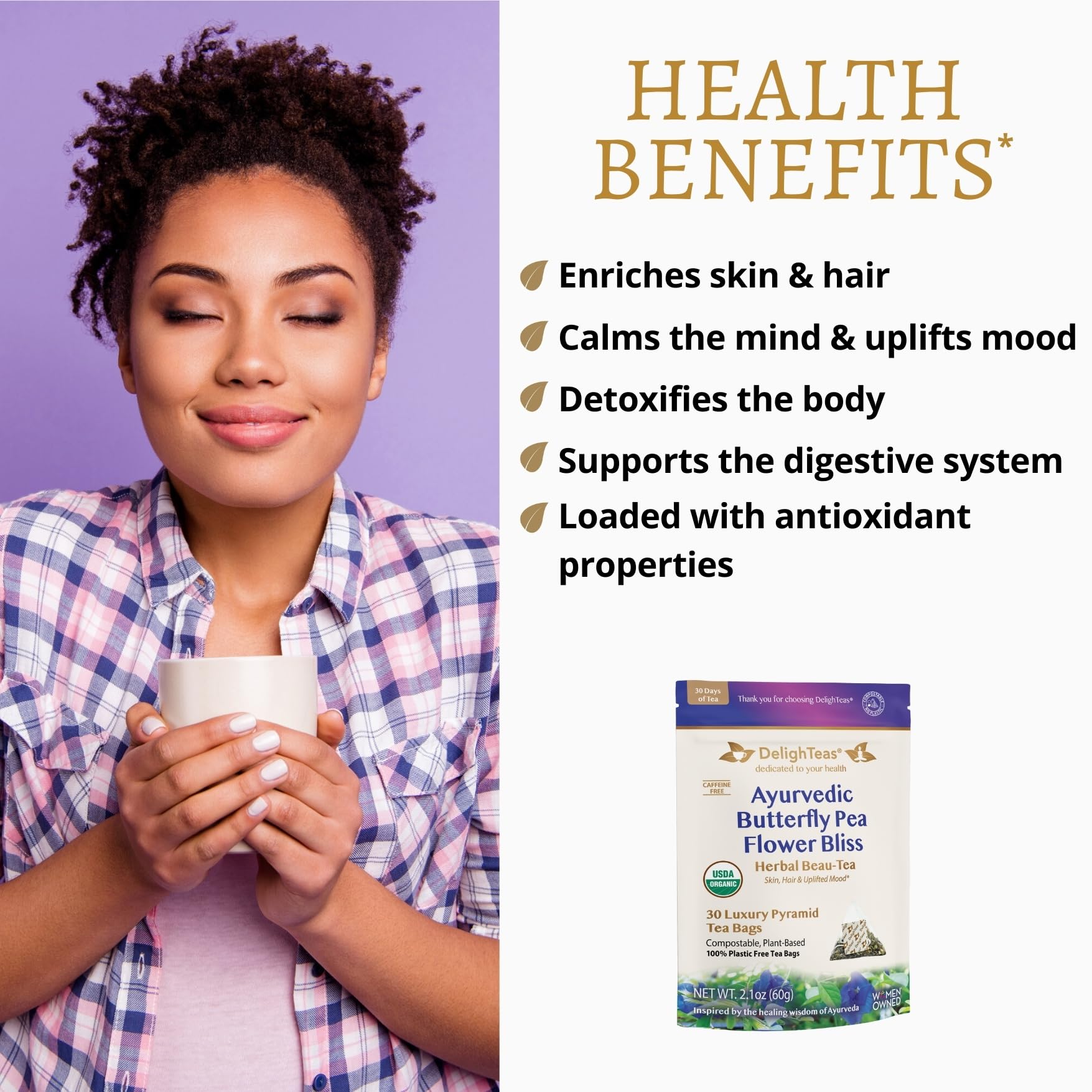 DelighTeas Organic Butterfly Pea Flower Bliss Tea | Eco-Conscious Pyramid Tea Bags | With Ginger, Lemongrass & Licorice | USDA Organic, Vegan