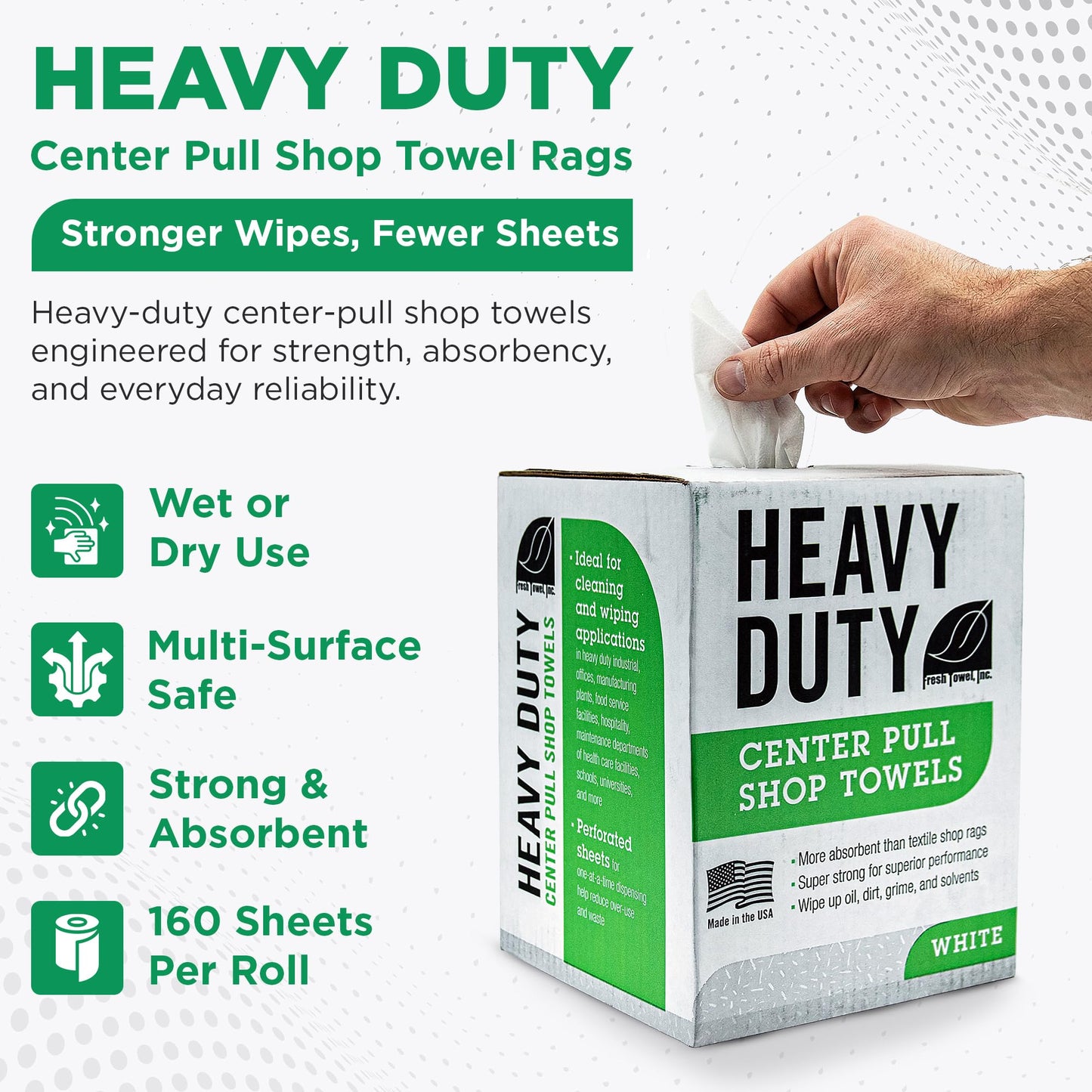 Fresh Towel Heavy Duty White Shop Towels 160 Sheets, 9x12 Inch Disposable Center Pull Shop Rags for Painters, Contractors, Automotive and Garage