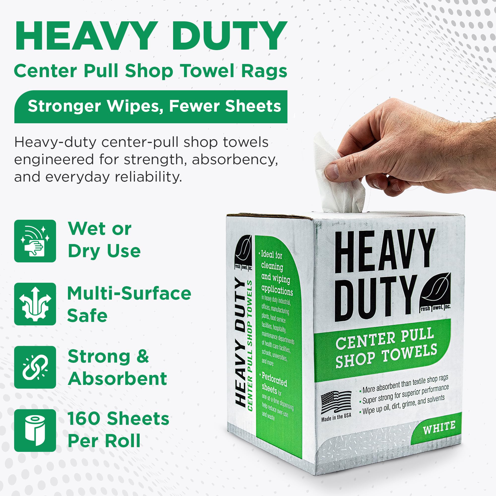 Fresh Towel Heavy Duty White Shop Towels 160 Sheets, 9x12 Inch Disposable Center Pull Shop Rags for Painters, Contractors, Automotive and Garage