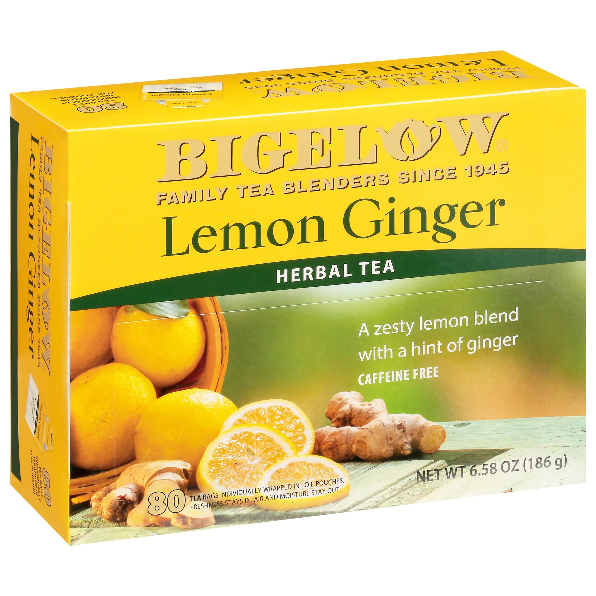 Bigelow Lemon Ginger, 80 Count Box (Pack of 1) Caffeine Free Herbal Tea , 80 Tea Bags Total