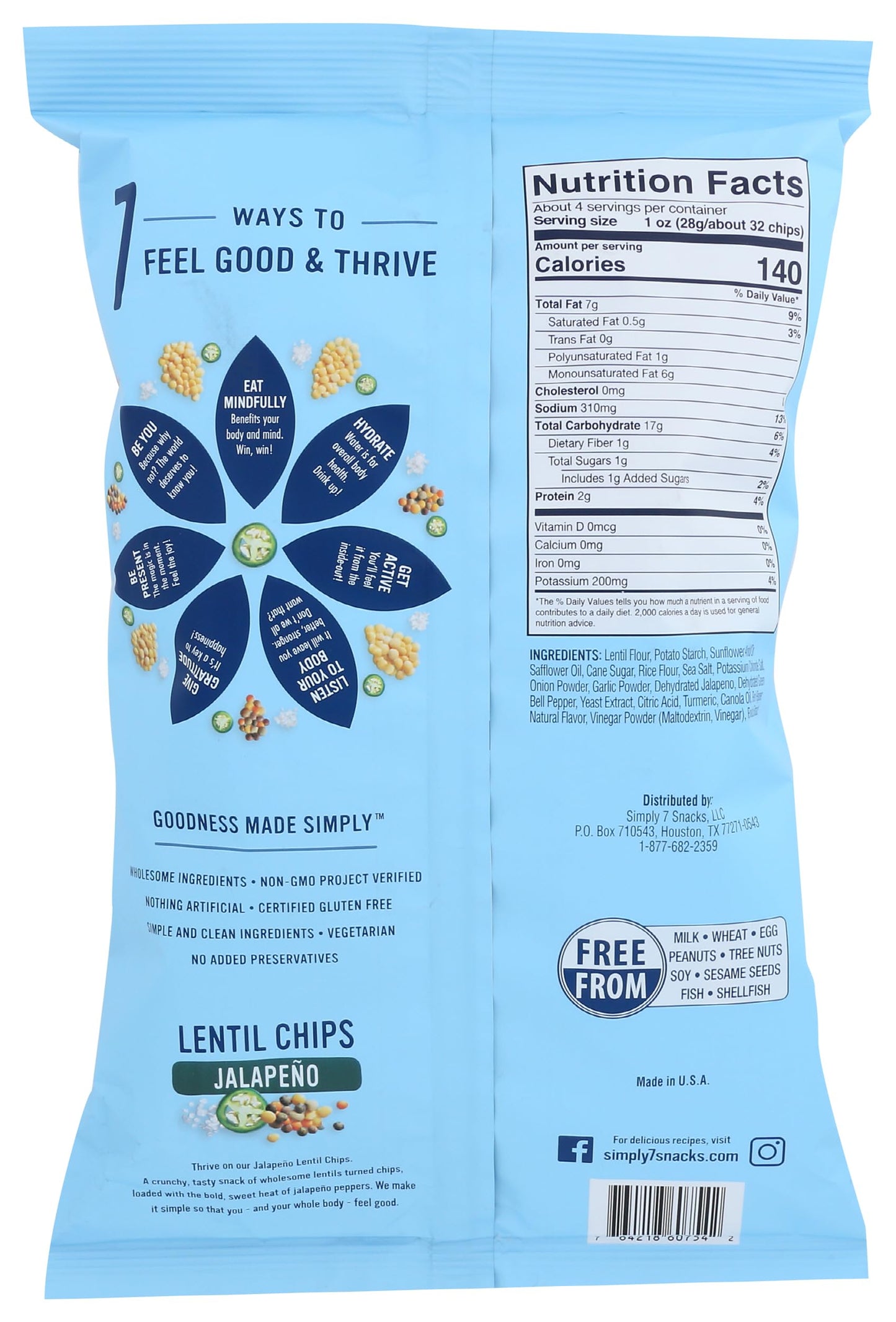 Simply 7, Lentil Chips, Jalapeño, 4 Oz, Packaging May Vary, Non-GMO, Nut-Free, Vegetarian, Low Calorie, Plant-Based, Cholesterol-Free, Low Fat, Vegan