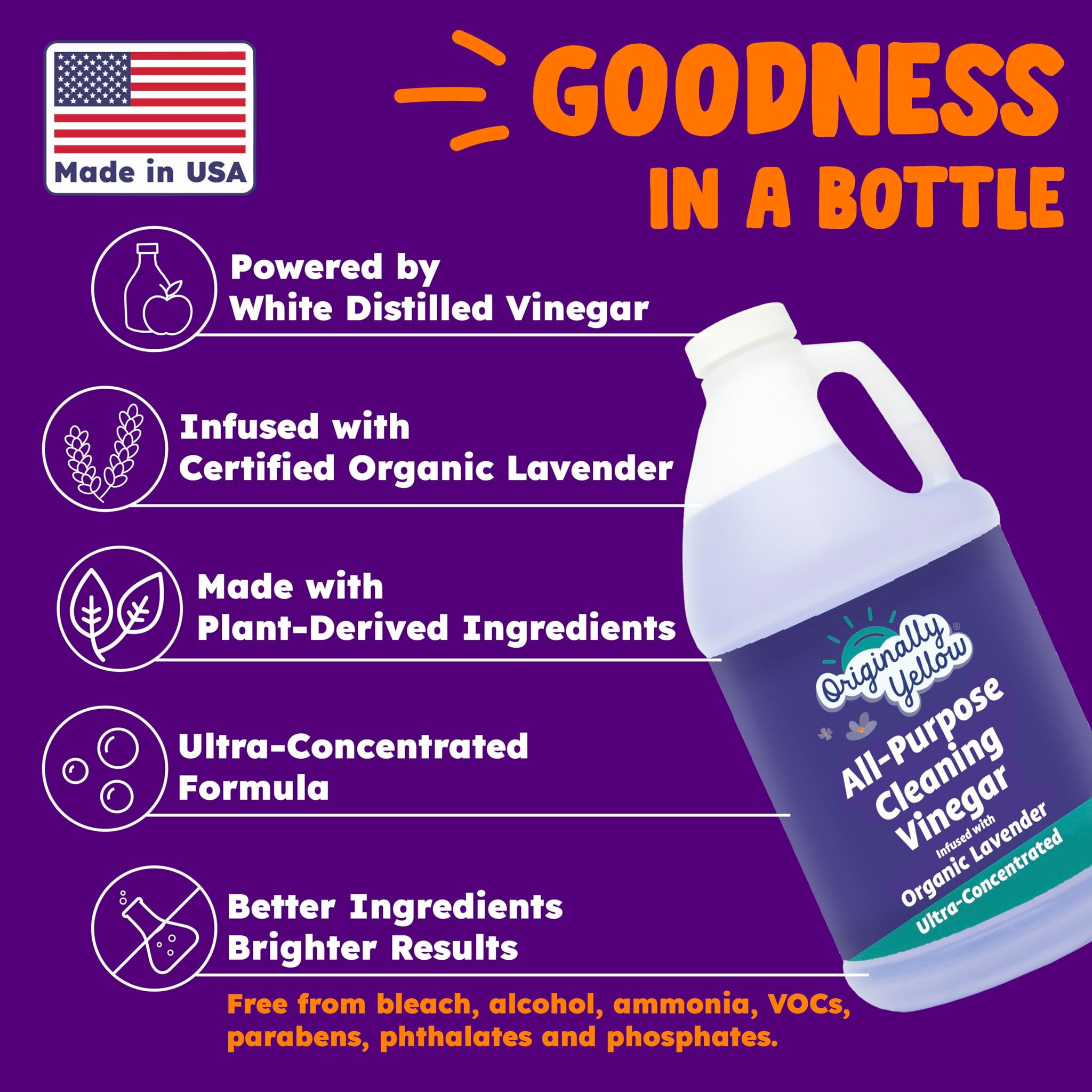 Originally Yellow Lavender White Vinegar For Cleaning Purpose | USA Made All Purpose Cleaner | Use as Glass, Kitchen & Floor Cleaner | Plant Derived