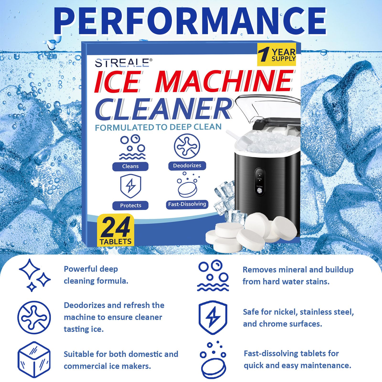 STREALE Ice Machine Cleaner Maker and Descaler - 24 Ice Maker Cleaner Tablets Compatible with All Major Brands, Nickel Safe Descaler Countertop