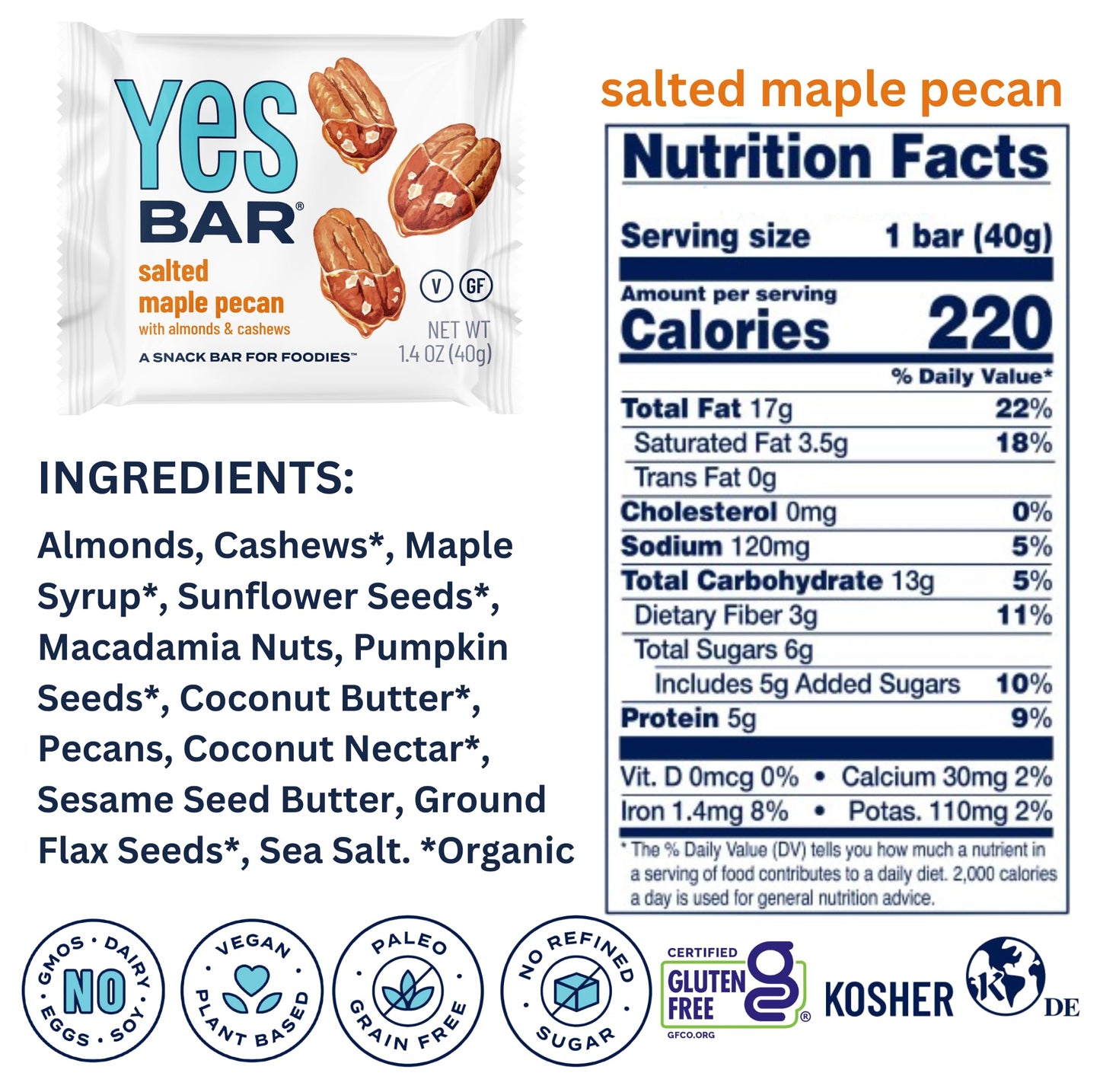The YES Bar - Salted Maple Pecan - Plant Based Protein, Decadent Snack Bar - Vegan, Paleo, Gluten Free, Dairy Free, Low Sugar, Healthy Snack