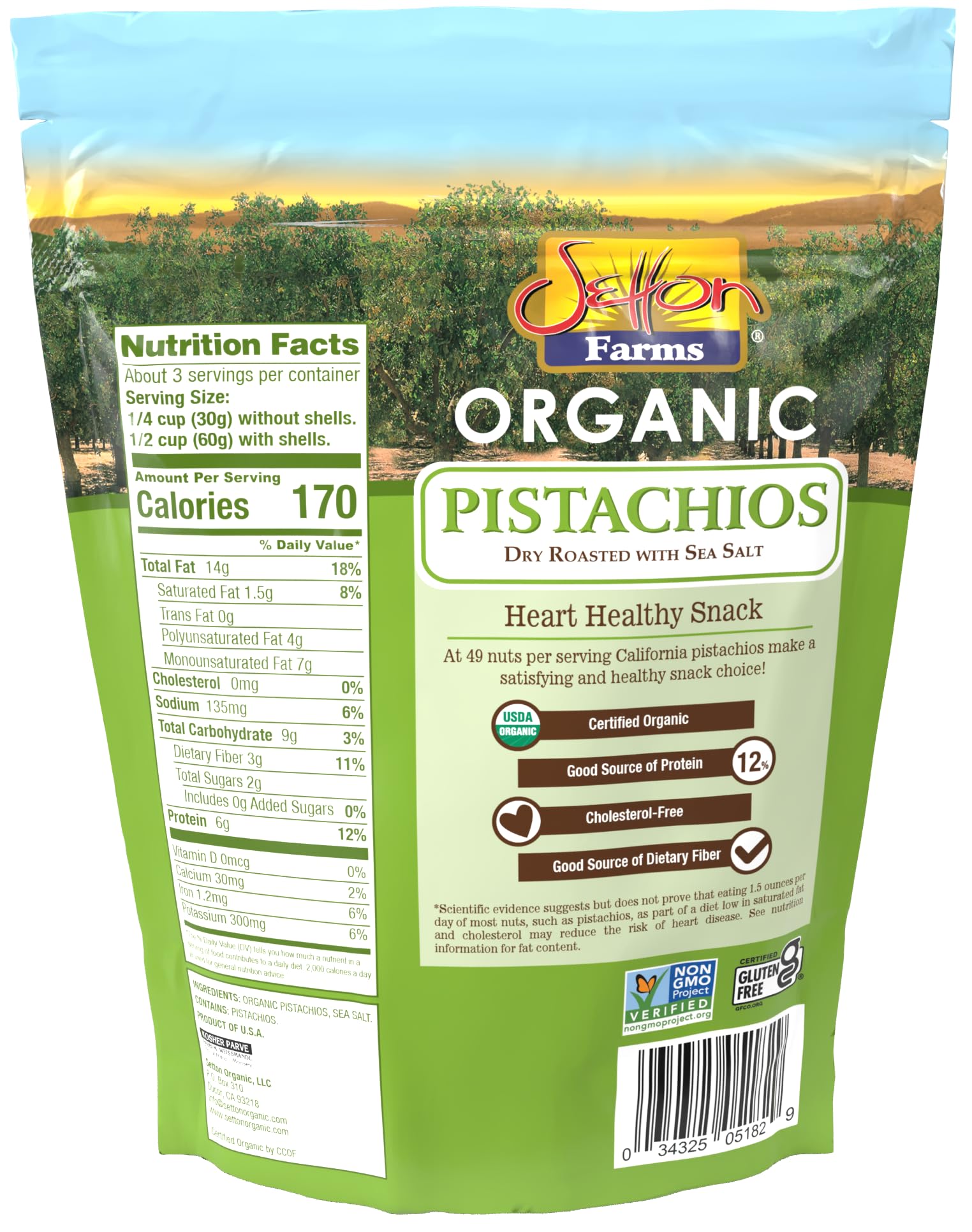 Setton Farms Premium Organic Pistachios, Dry Roasted With Sea Salt, 7 Oz Resealable Bag