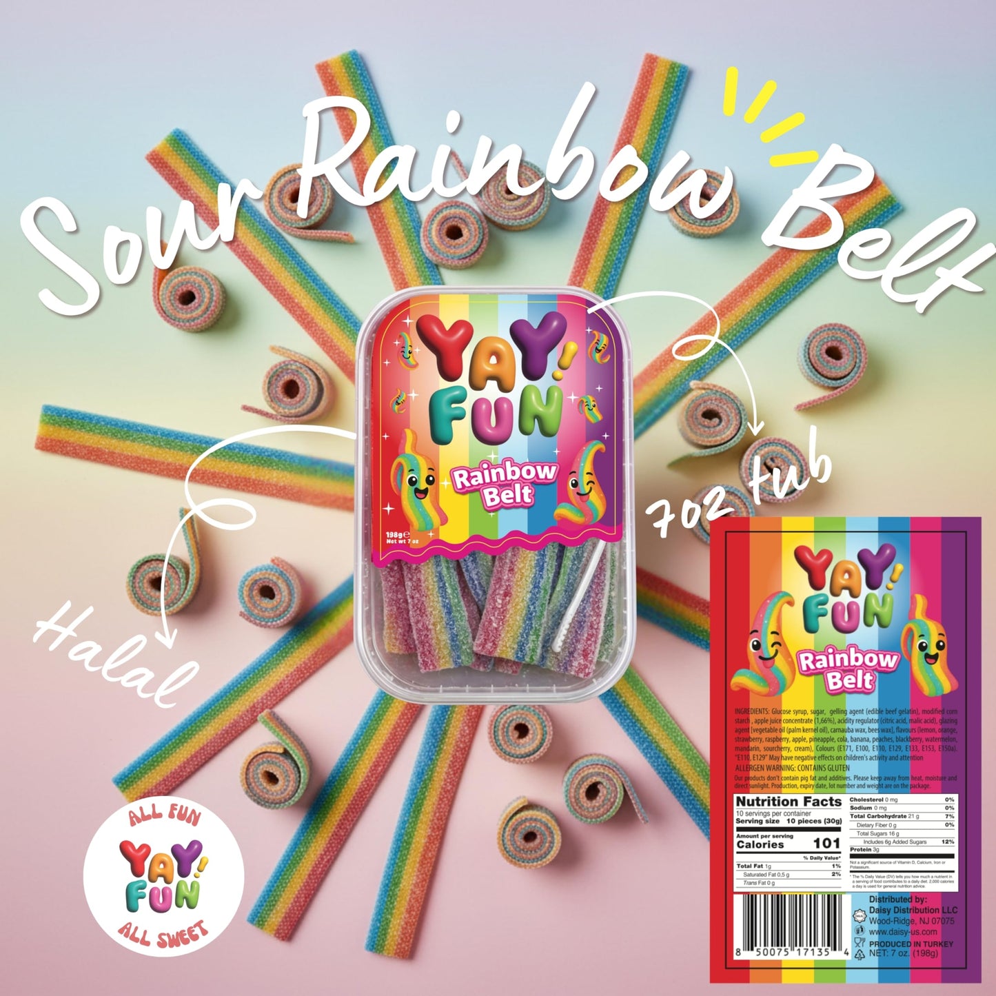 Halal Sour Rainbow Belt Gummy Candy | 6 Pack Bundle (6x7 oz Tubs) | Chewy Sour Rainbow Belt Candy | Resealable Tubs in Bulk with Display Box | Halal