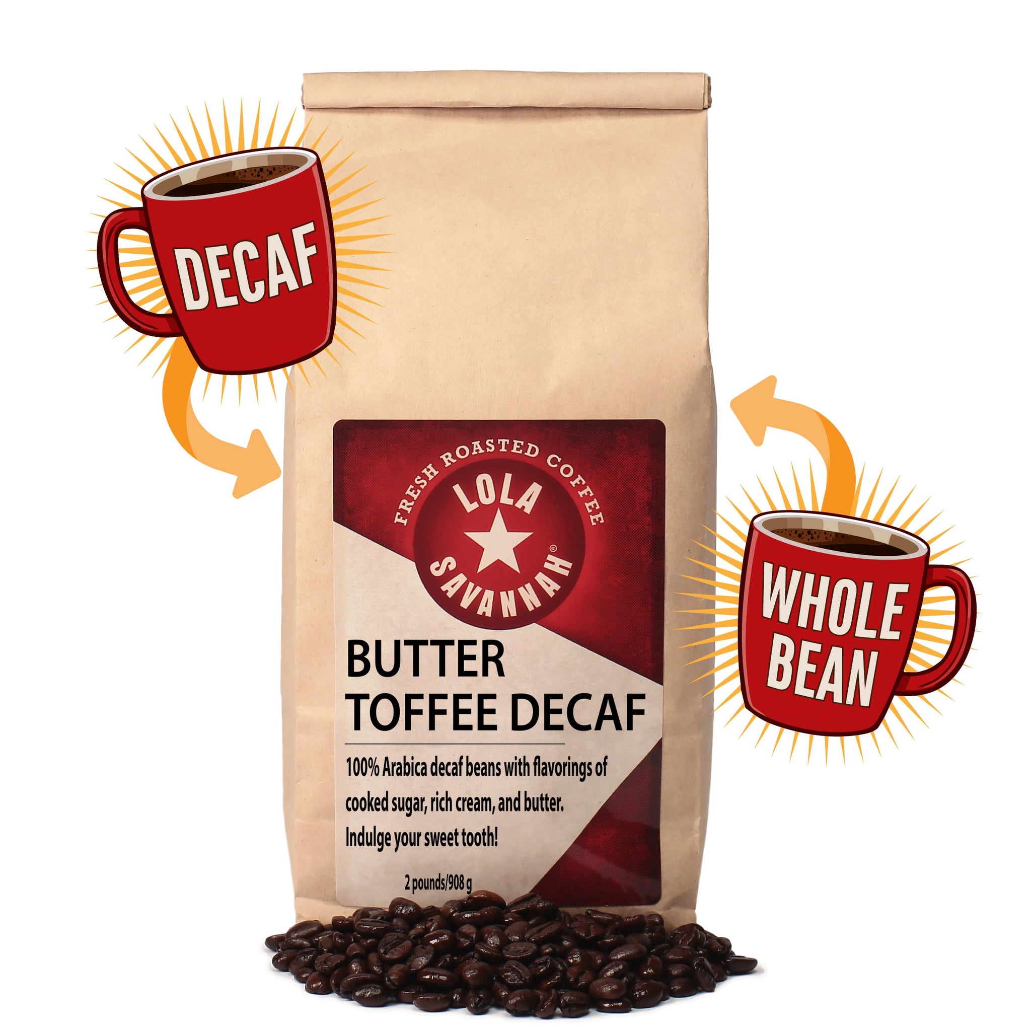Lola Savannah Butter Toffee Whole Bean Decaf Coffee, 2lb