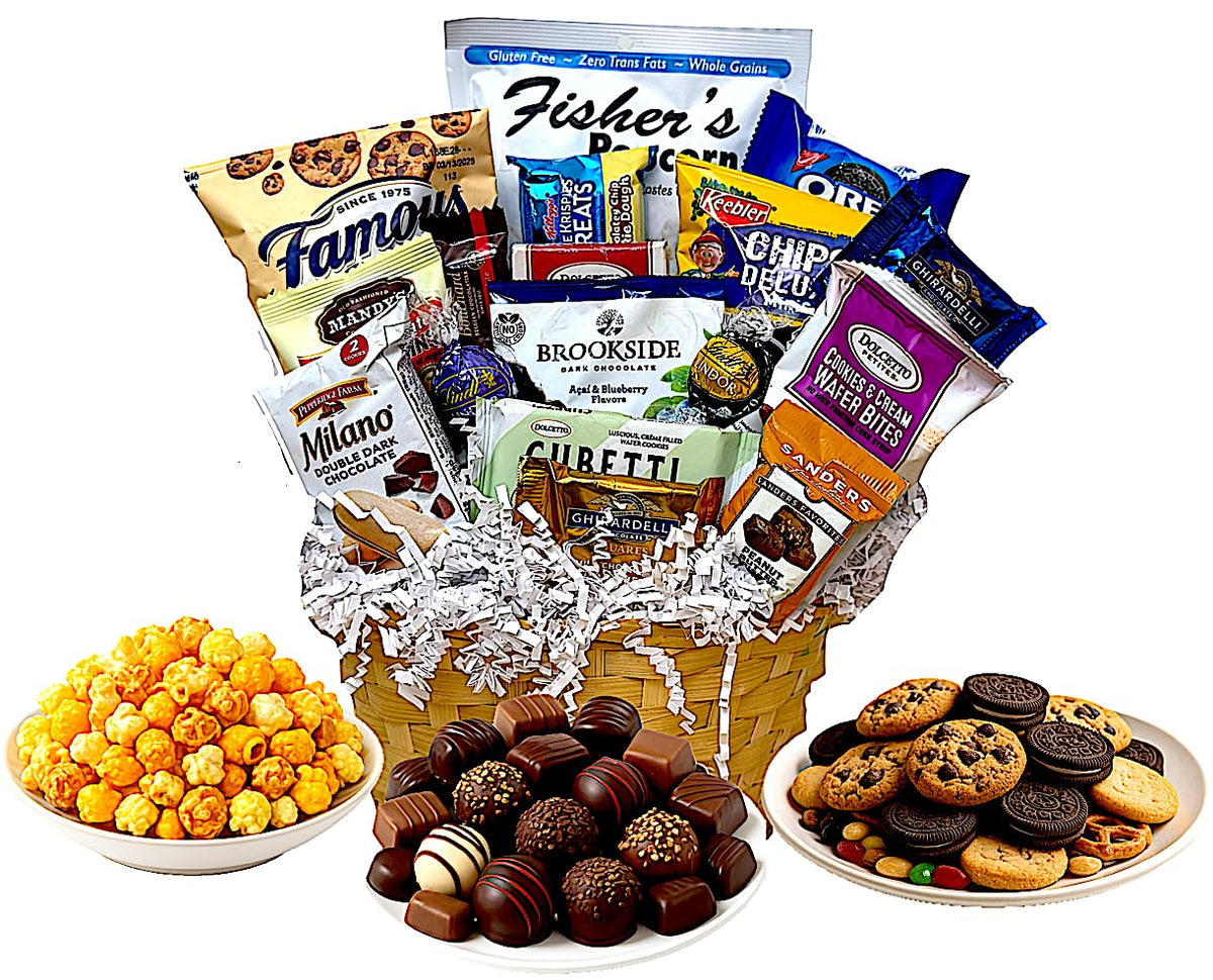 Easter Basket with Chocolate, Candy & Snacks - 8 Inch Easter Wrapped Gift Basket - Spring Holiday Treats for Family, Friends & Coworkers (Standard)