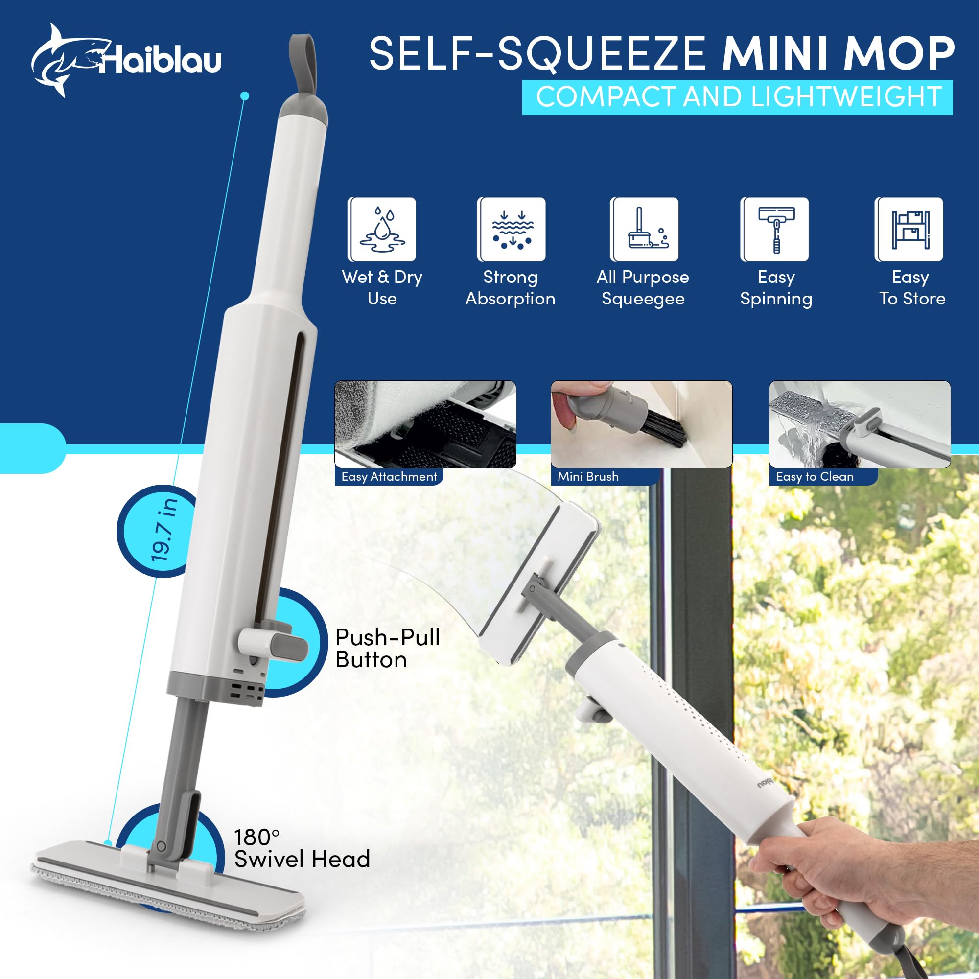 Haiblau Flat Mop & Bucket Wringer Set with Self-Squeeze Mini Mop, Portable Handheld Wet/Dry Cleaner with Microfiber Pads, Flat Mop and Bucket System