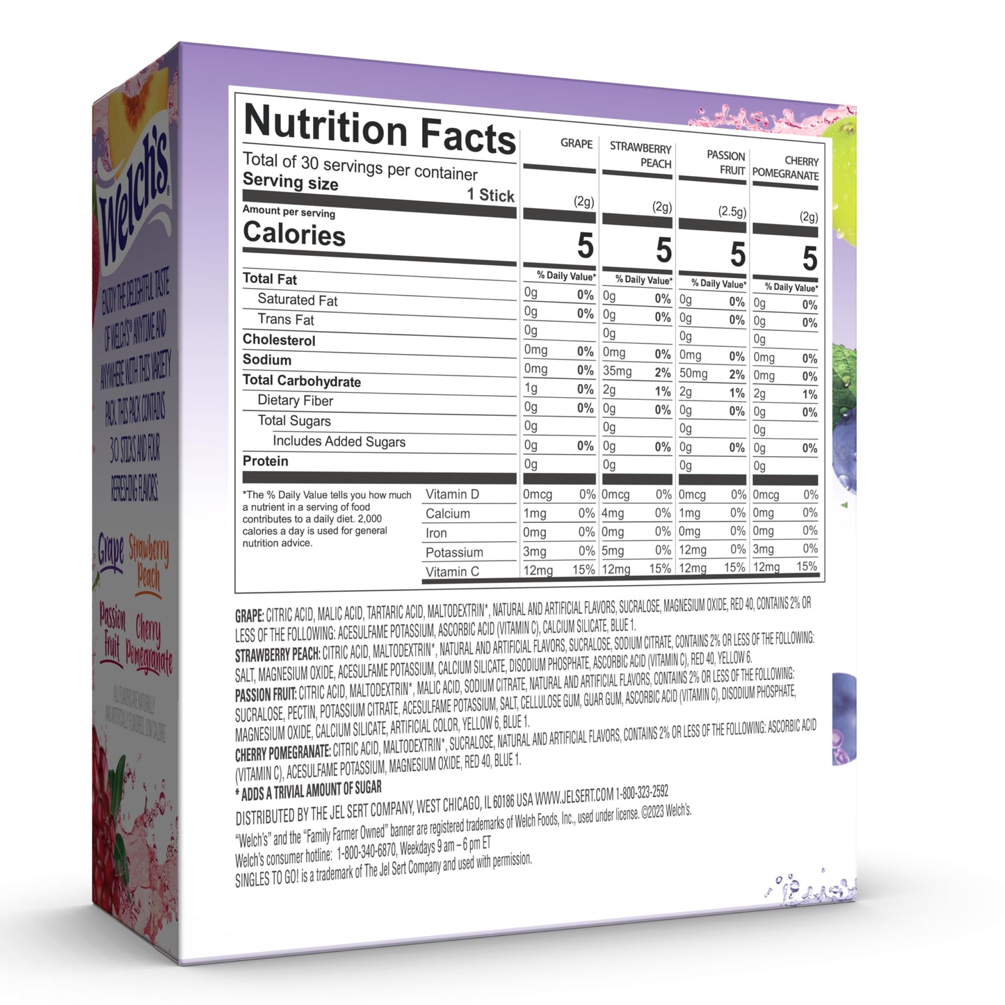 Welch's Singles To Go Variety Pack, Watertok Powdered Drink Mix, Includes 4 Flavors, Grape, Passion fruit, Strawberry Peach, Cherry Pomegranate, 1 Box