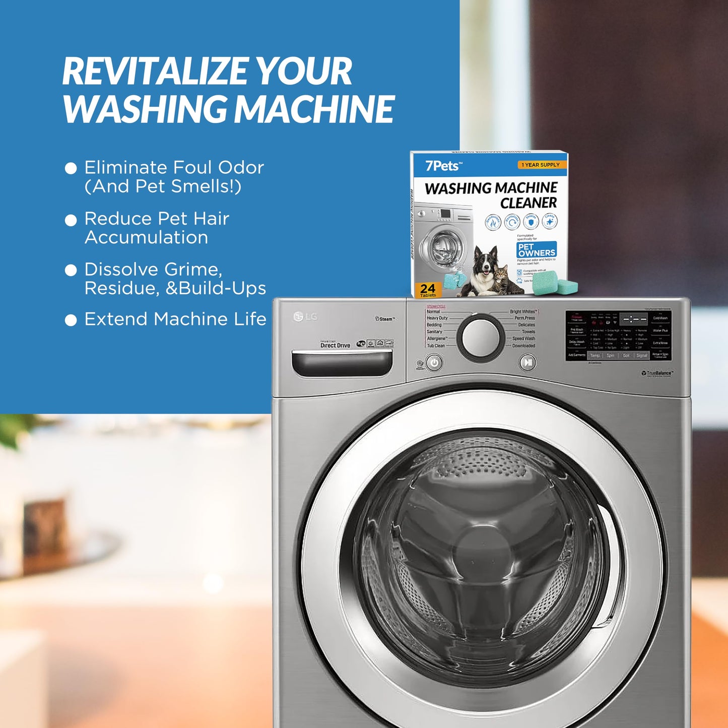 Washing Machine Cleaner Tablets | 24 Count 1-Year Supply | Formulated for Pet Owners | Pet-Friendly Deep Descaler | HE, Top & Front Load | Septic Safe