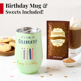 Broadway Basketeers Birthday Gift Tower Box for Men with 16oz Insulated Mug - Snack Tower Box with Savory Gourmet Snacks, Cookies, Nuts, Chocolate