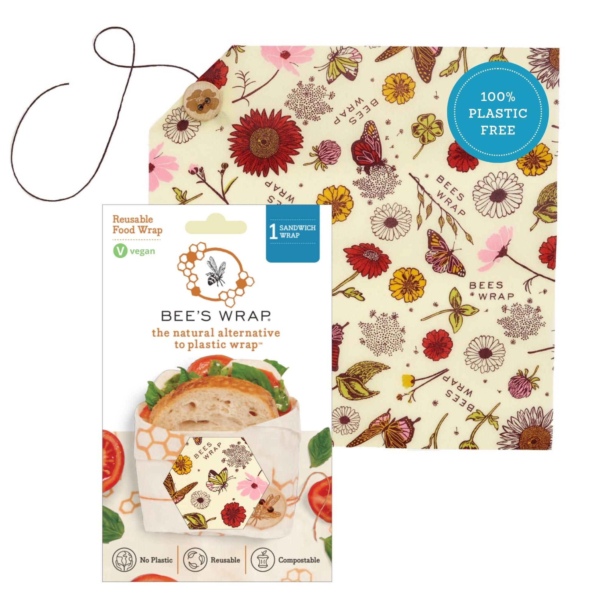 Bee's Wrap Vegan Beeswax Sandwich Wrap - Beeswax Lunch Wrap with Button & Tie - Plastic Free Made in USA Reusable Natural Food Wrap - Meadow Magic