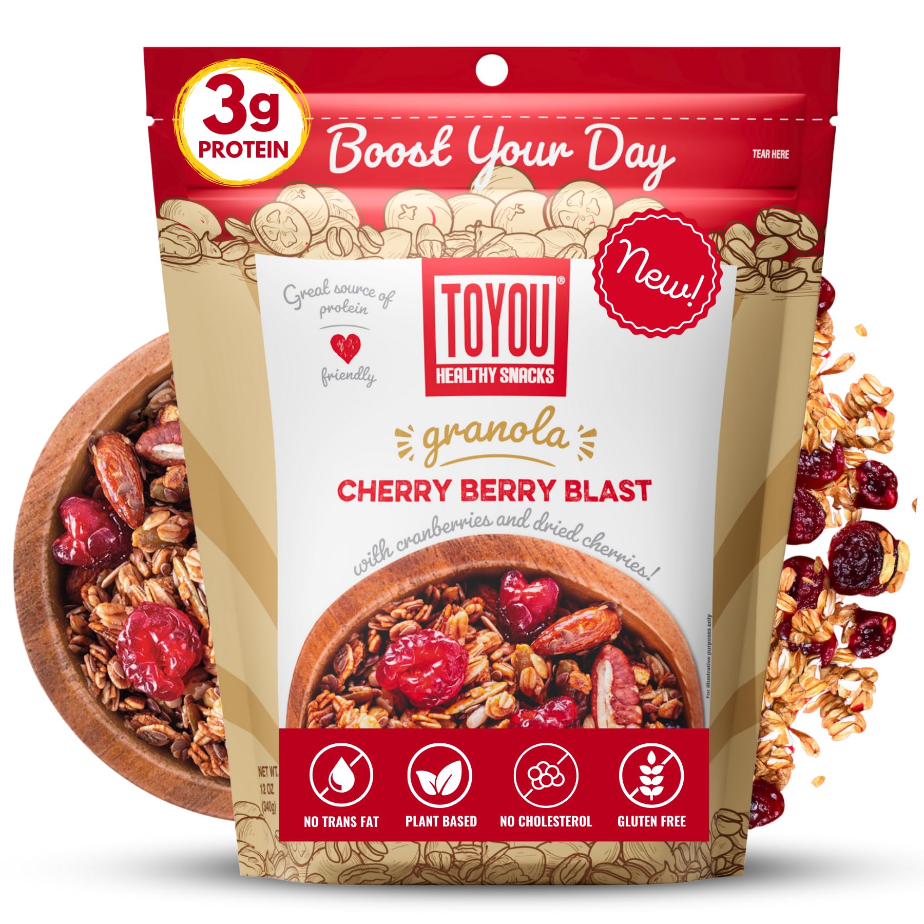 ToYou Snacks Gluten Free Granola, Fruit and Granola Cereal | Cherry Berry Blast - 12 Ounce (Pack of 1) | Plant Based, Vegan, Healthy Snacks for Adults
