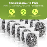 VELORA Stainless Steel Cleaner Scouring Pads [12 Pack] - Industrial & Commercial Strength Large Cleaning Supplies Dish Sponge - Individually Wrapped