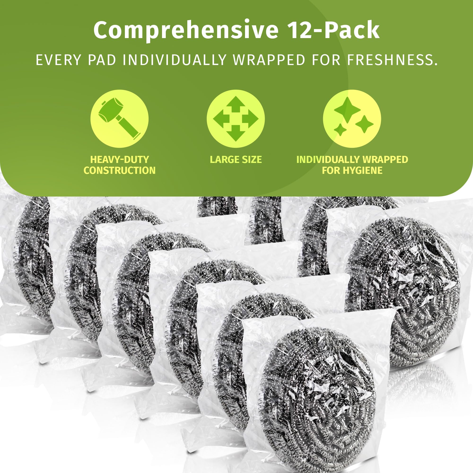 VELORA Stainless Steel Cleaner Scouring Pads [12 Pack] - Industrial & Commercial Strength Large Cleaning Supplies Dish Sponge - Individually Wrapped