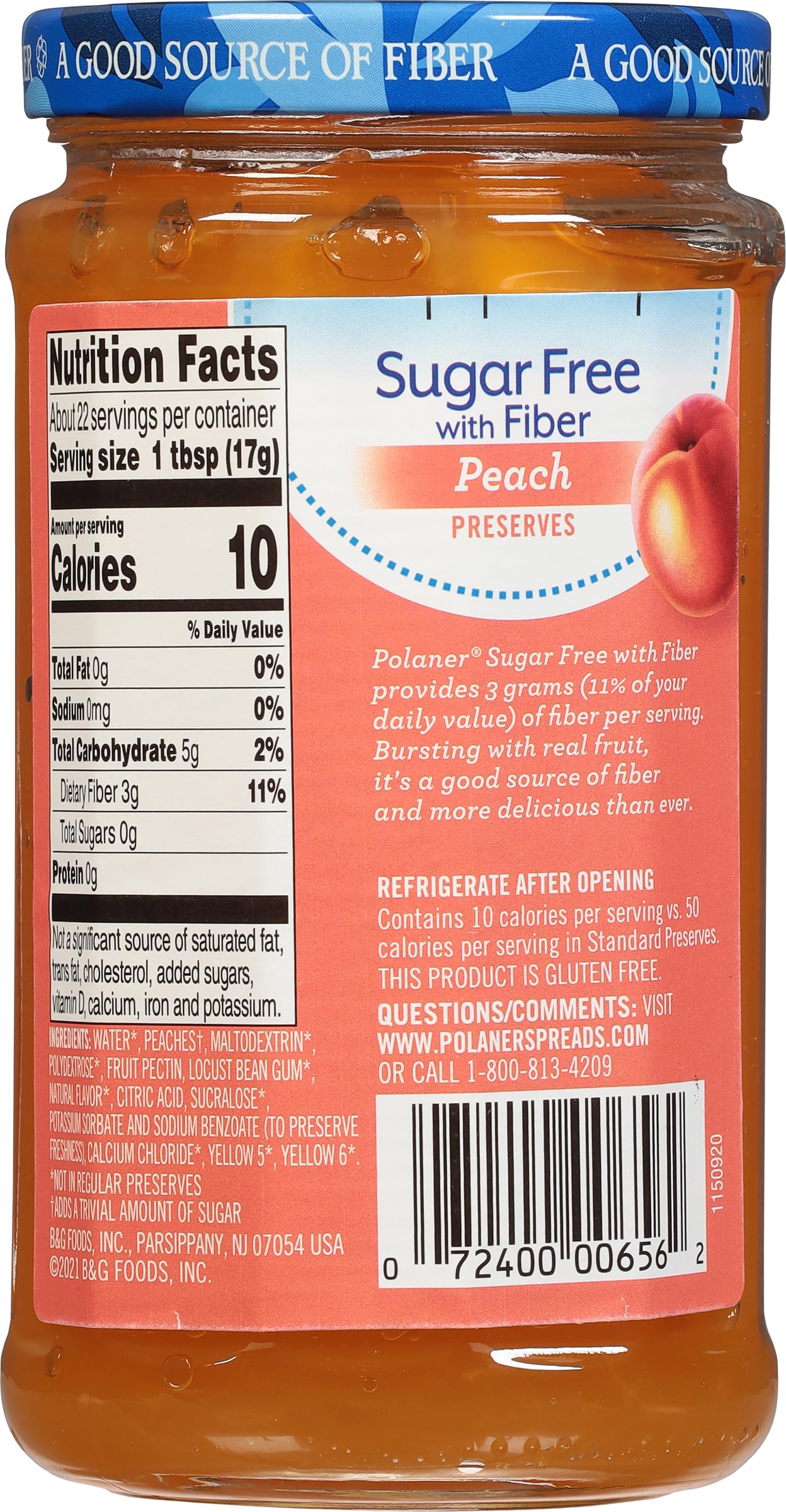 Polaner Sugar Free with Fiber, Peach Jam, 13 Ounce
