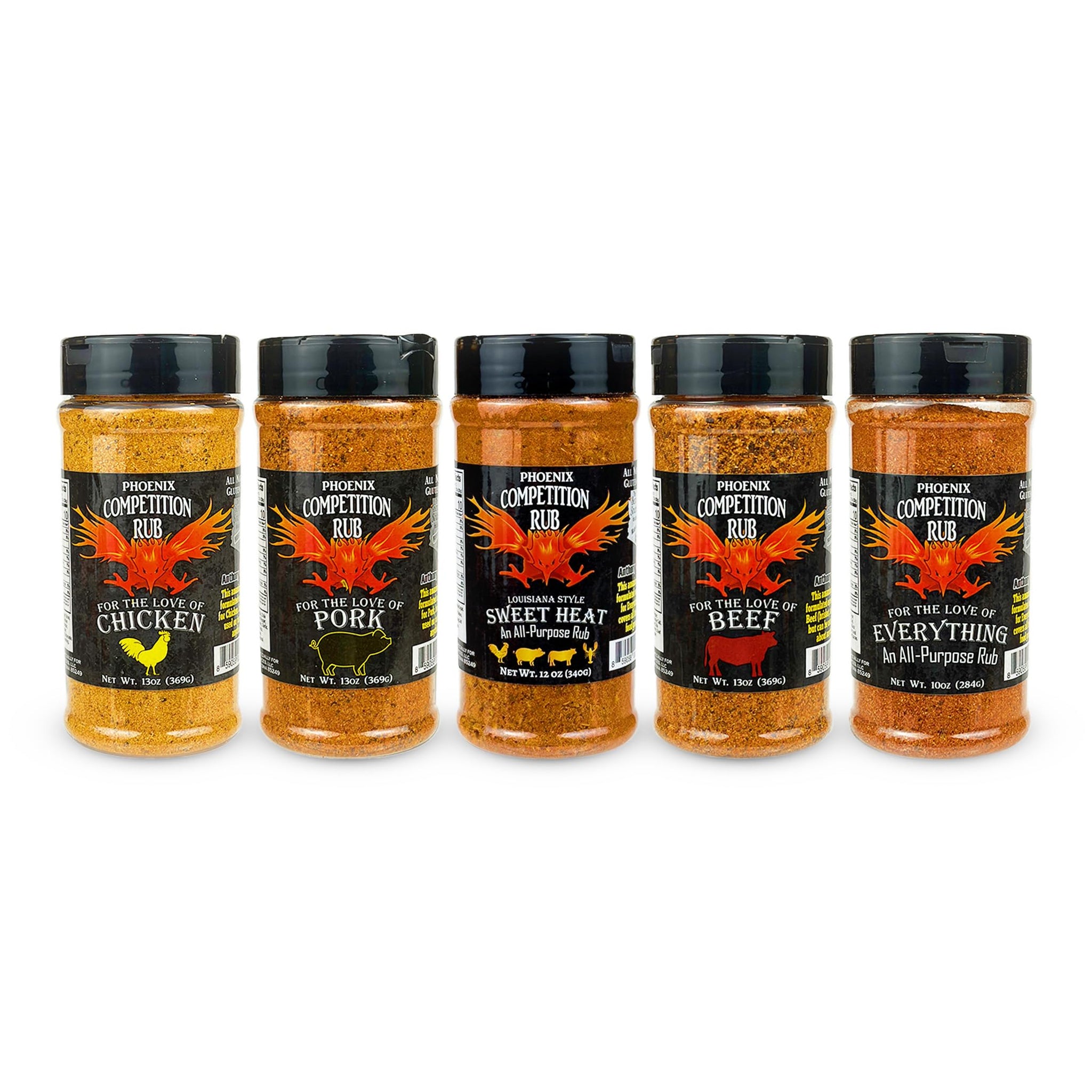 Anthony Spices - Competition Rub 5-Pack. This package includes Anthony Spices Competition Chicken, Pork, Beef, Sweet Heat, and Everything Rubs, each