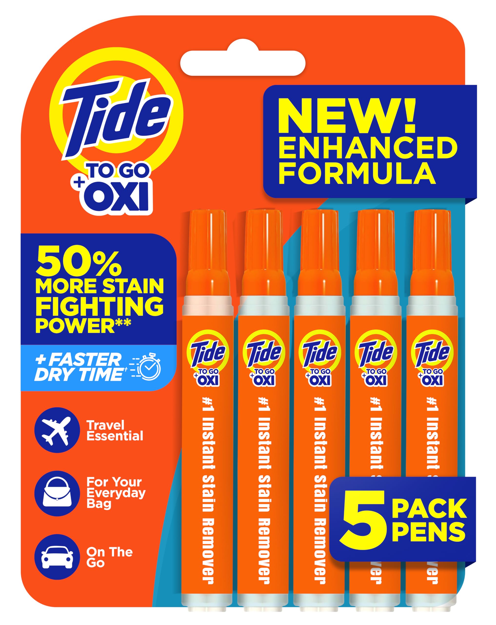 Tide Stain Remover for Clothes, Tide To Go Pen, Instant Stain & Spot Remover for Clothes, Travel & Pocket Size, 5 Count (Pack of 1) (Packaging May