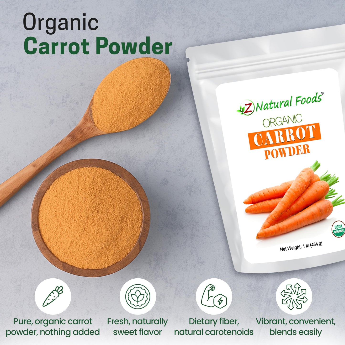 Z Natural Foods Organic Carrot Powder, Natural Superfood Powder for Vision and Heart Health, Great in Juices, Smoothies, and Recipes, Non-GMO, Vegan