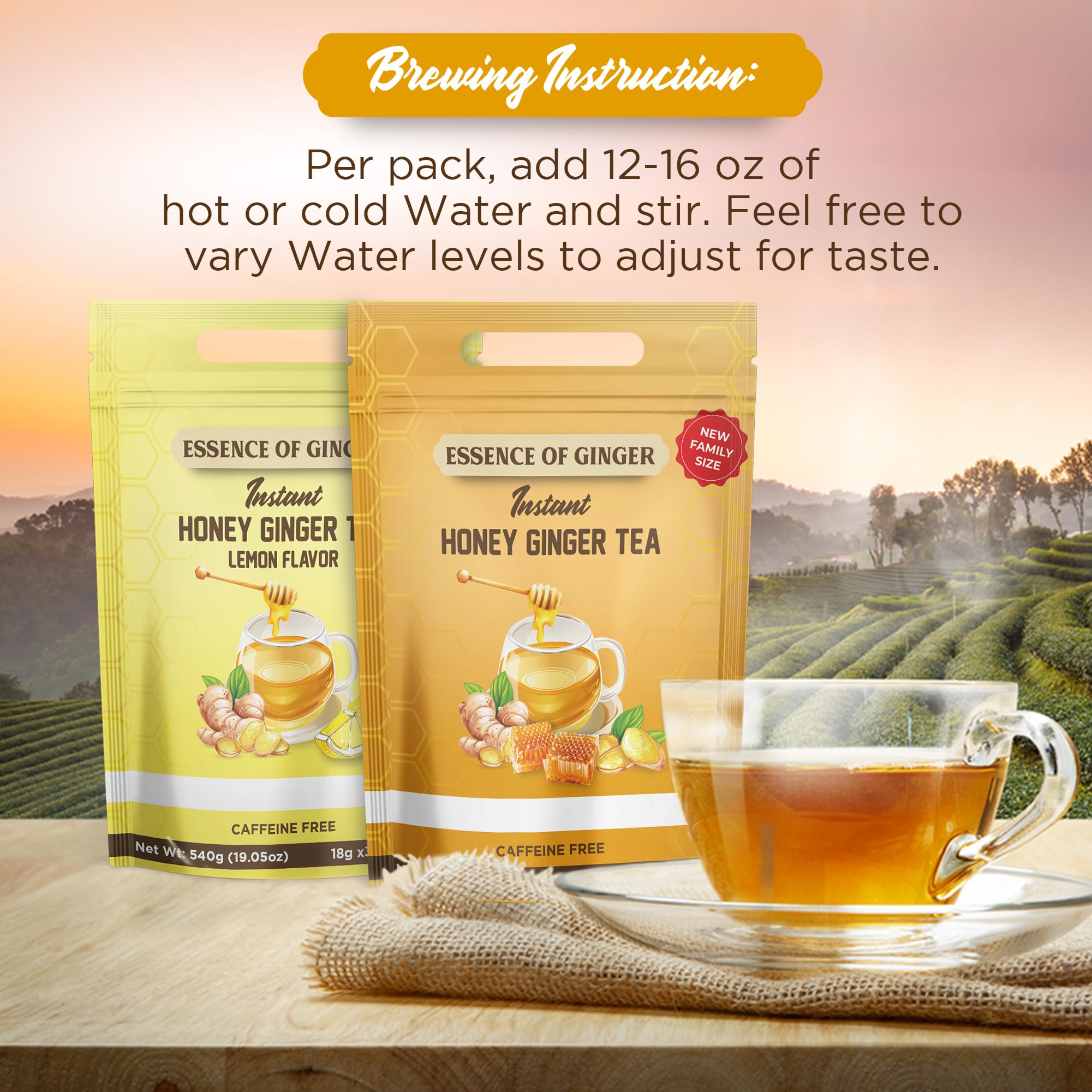 Natural Honey Lemon Ginger Root Herbal Crystals 30 Packets Instant Beverage 18 Grams Made With Real Pure Honey, Fresh Refreshing Lemon Citrus