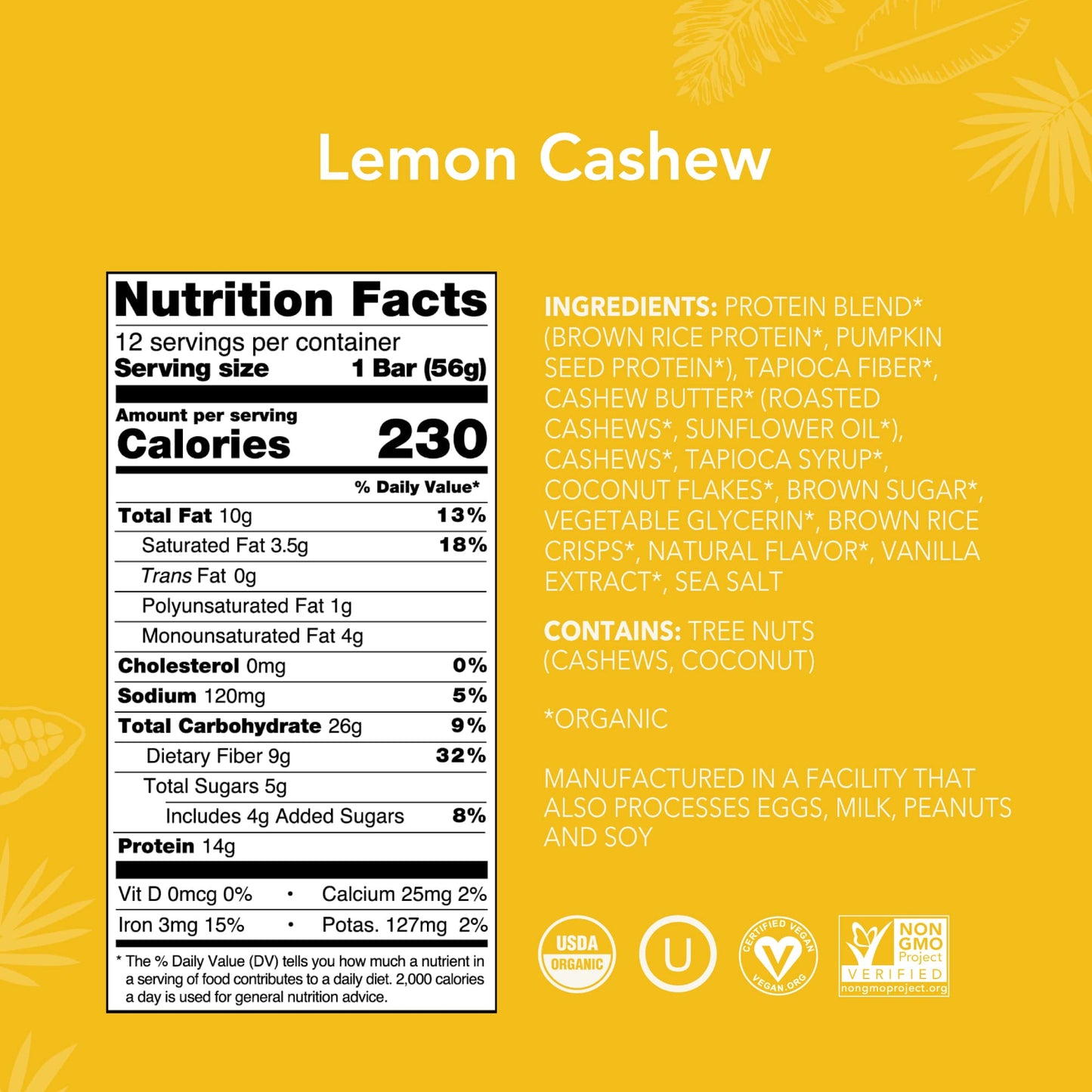 ALOHA Organic Plant Based Protein Bars - Lemon Cashew - Single Bar - Vegan, Low Sugar, Gluten-Free, Paleo, Low Carb, Non-GMO, No Stevia & No