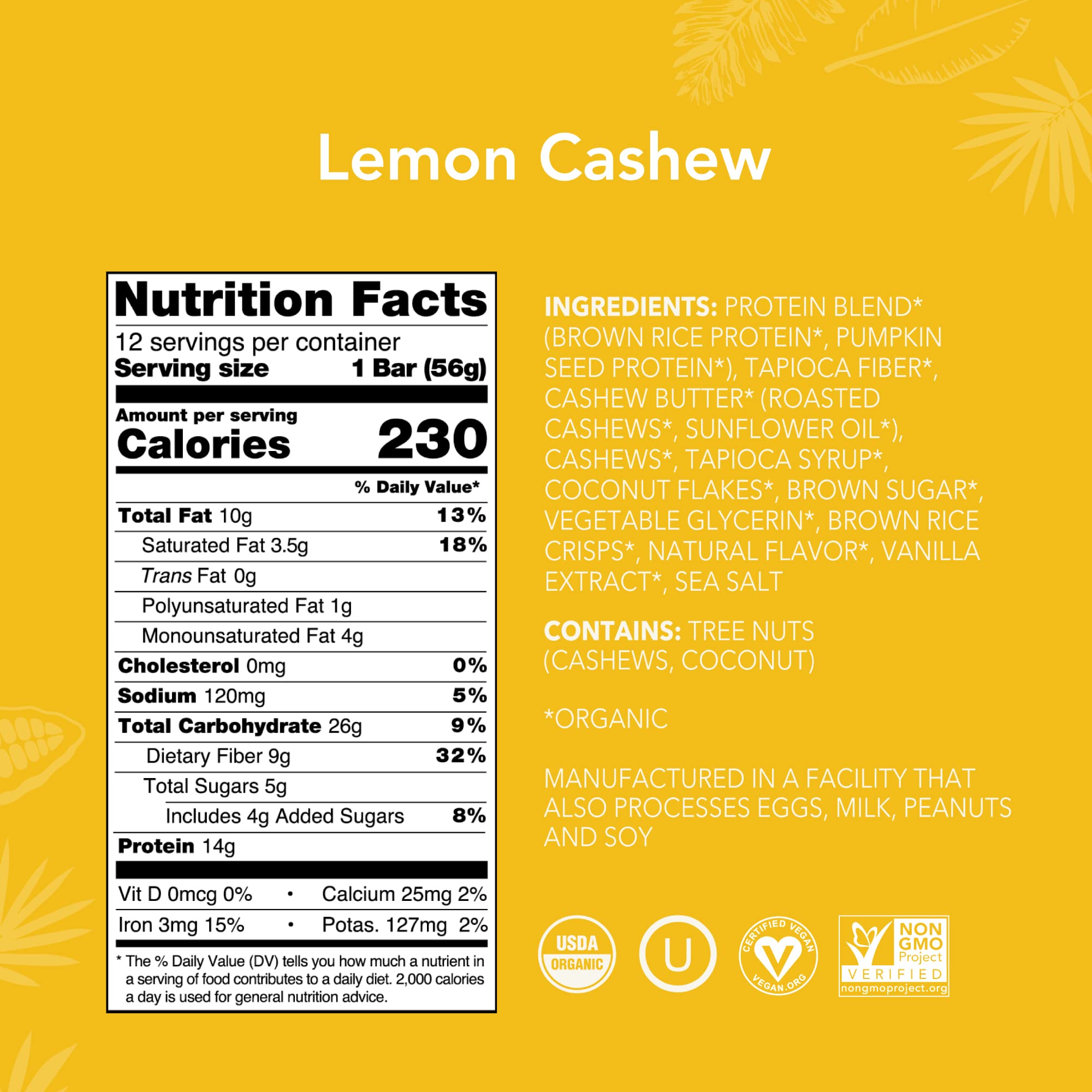 ALOHA Organic Plant Based Protein Bars - Lemon Cashew - Single Bar - Vegan, Low Sugar, Gluten-Free, Paleo, Low Carb, Non-GMO, No Stevia & No