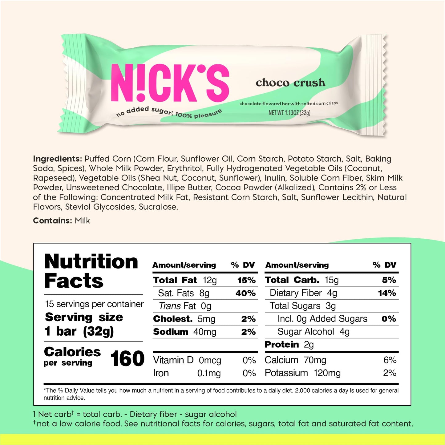 N!CK'S Choco Crush Chocolate Candy Bar with Salted Corn Puffs, No Added Sugar, Gluten Free, 160 Calories, 1.13 oz - 15-Pack (32g Each)