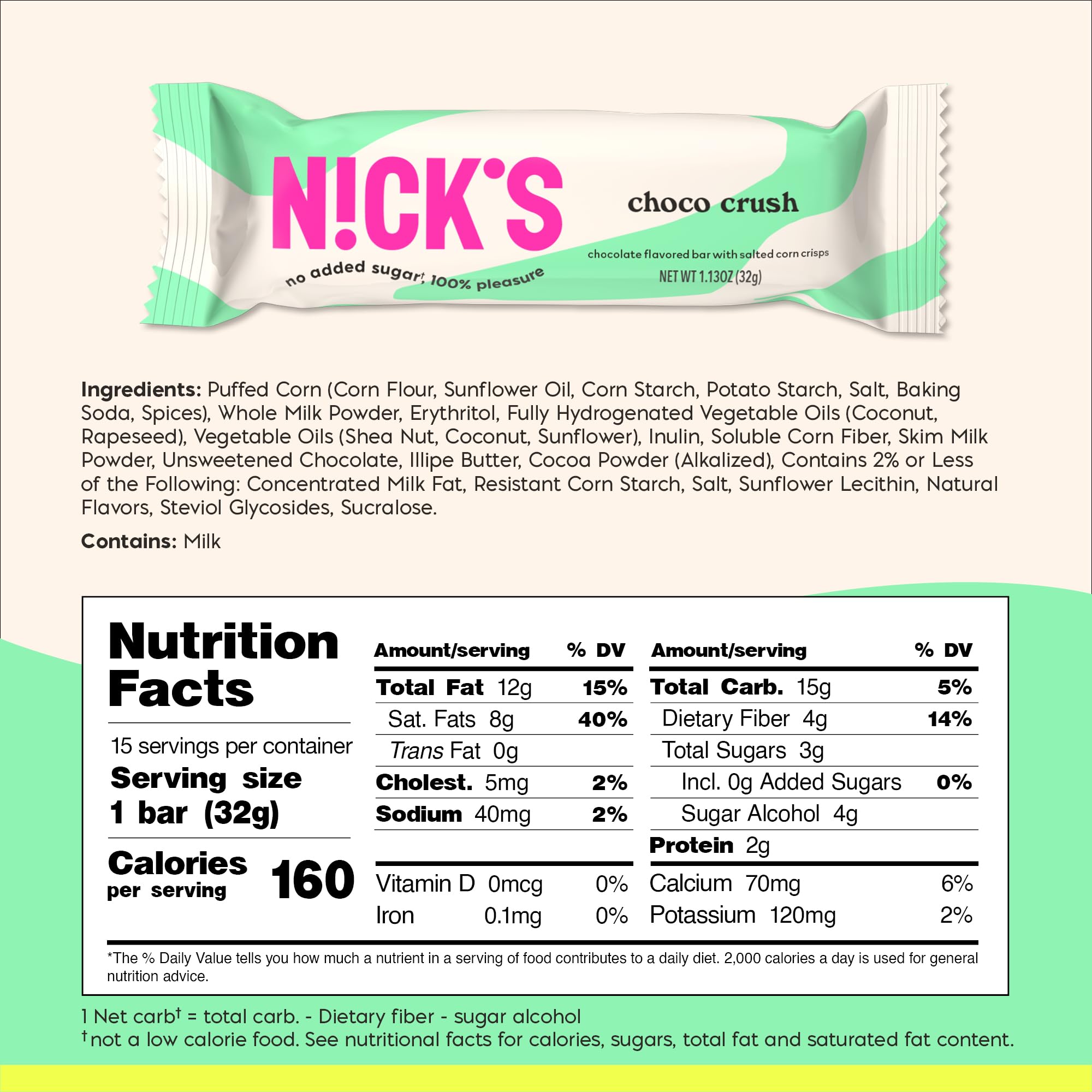 N!CK'S Choco Crush Chocolate Candy Bar with Salted Corn Puffs, No Added Sugar, Gluten Free, 160 Calories, 1.13 oz - 15-Pack (32g Each)