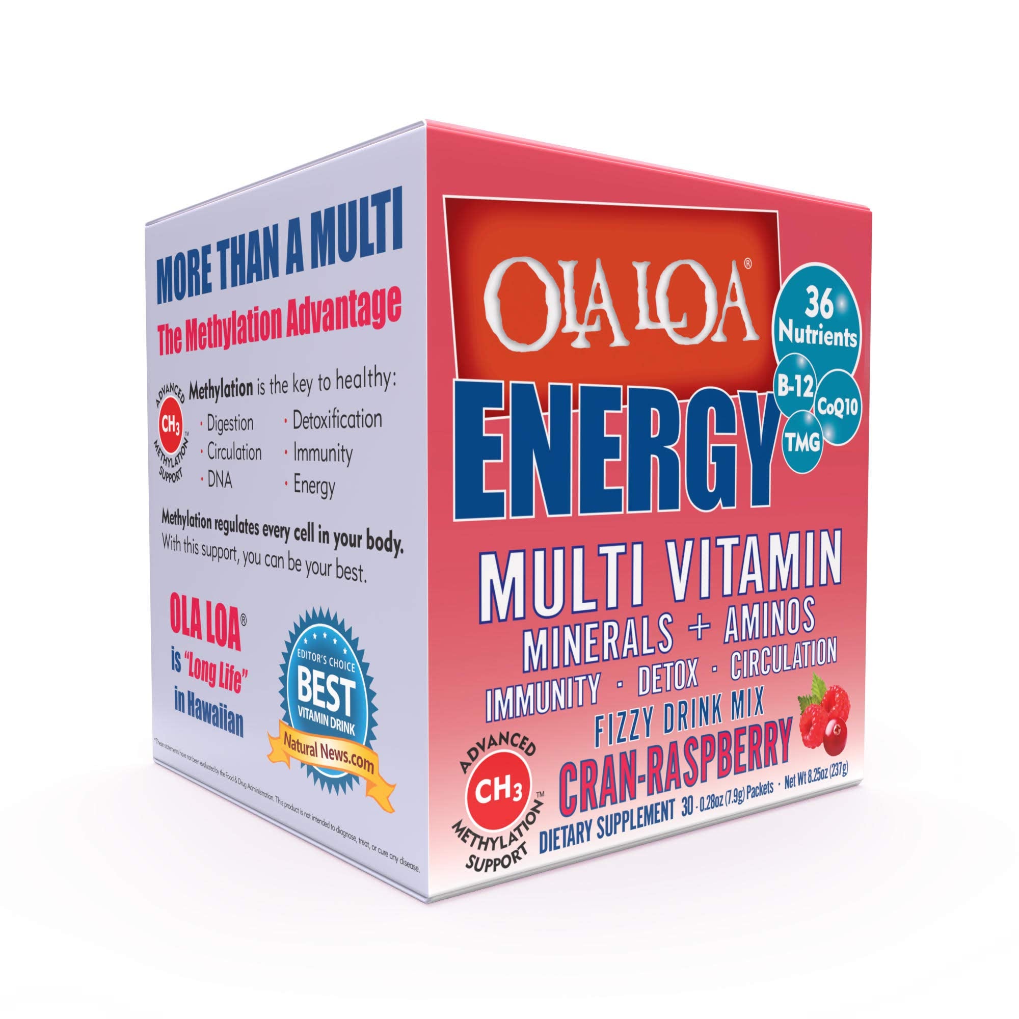 Ola Loa Energy Cran-Raspberry Multi Vitamin Drink Mix - Amino Energy Powder, Gluten Free, Detox, Dairy Free, Caffeine Free - Drink Your Vitamins