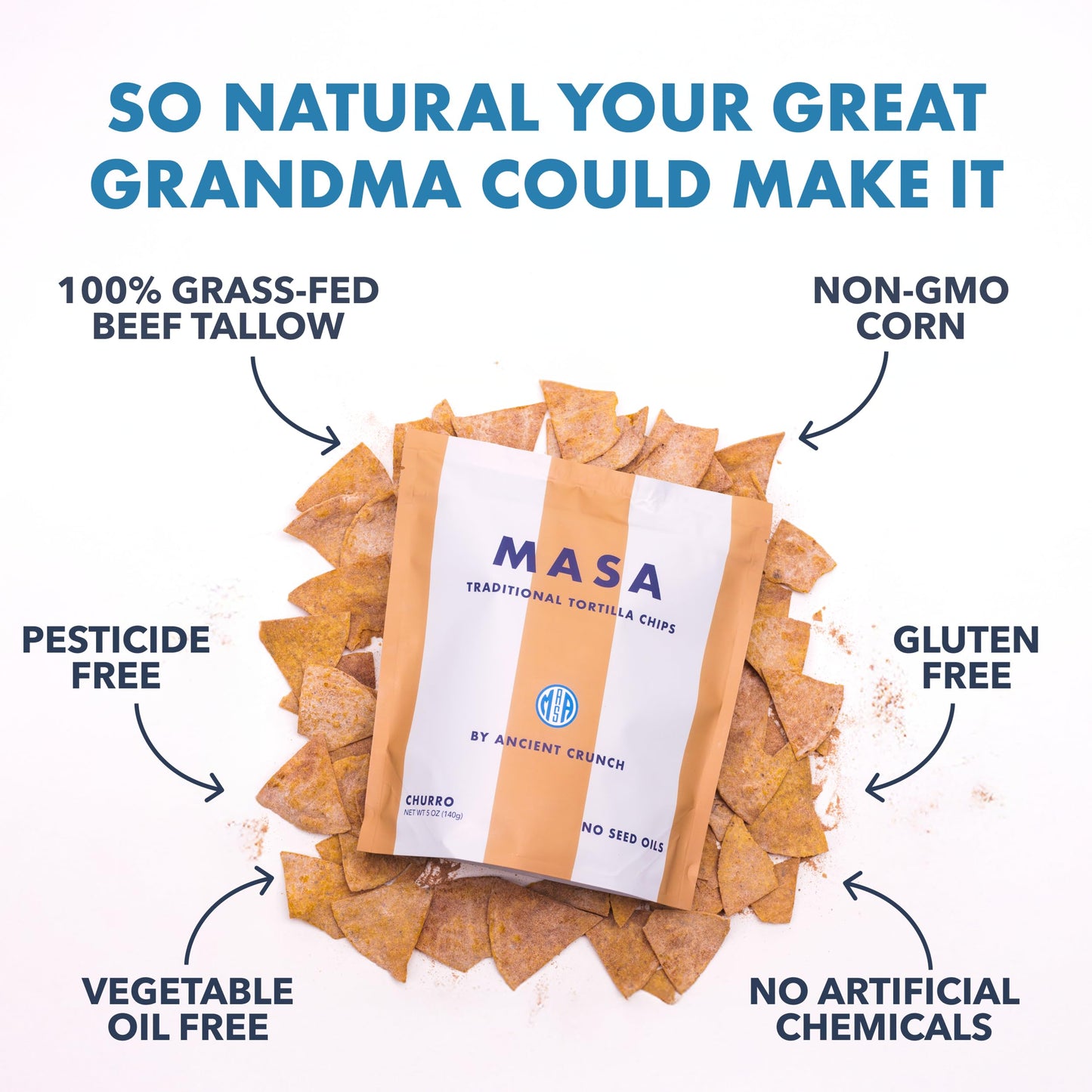 MASA Chips Churro Flavored Corn Tortilla Chips Cooked in Beef Tallow - Seed Oil Free Snack, 2pk×5 oz each- Handmade with Only Naturally Grown Corn