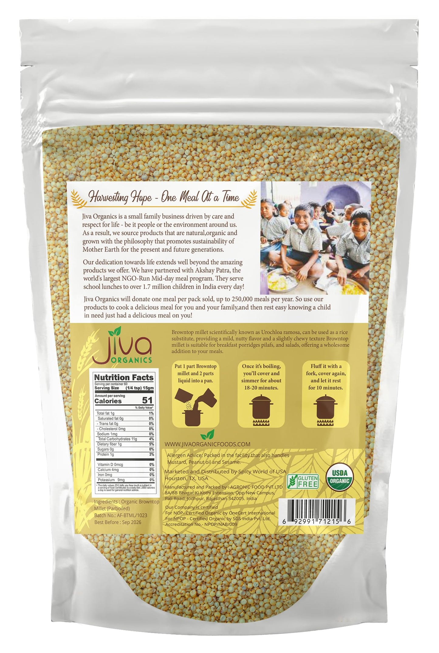 Jiva Organics Browntop Millet 2 LB Bag | Whole Grain, Gluten-Free & Organic | Protein & Fiber-Rich Superfood for Healthy Indian Cooking