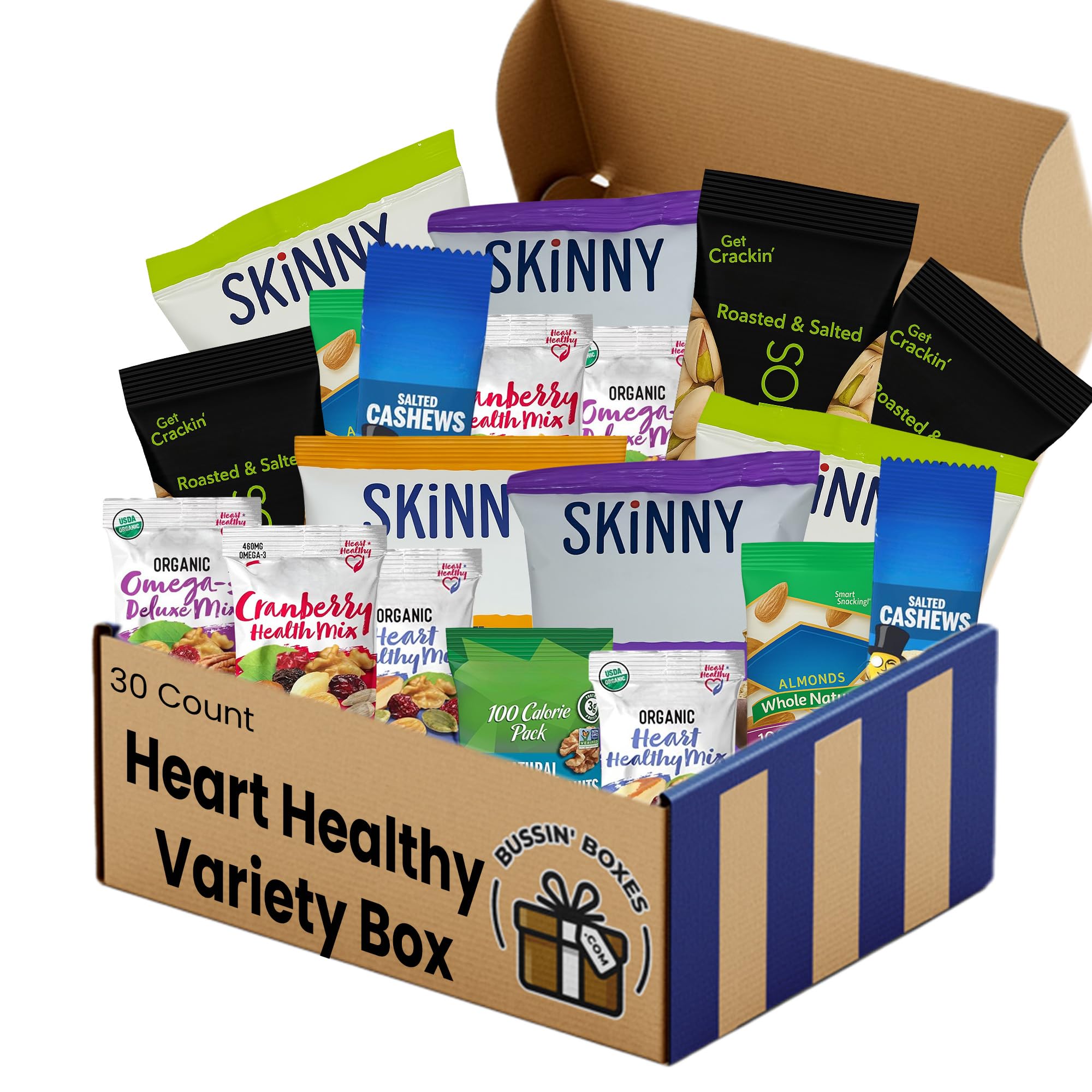 Heart Healthy Snacks Variety Pack - Nuts, Trail Mix, and Popcorn - Individually Wrapped Snack Box for Adults On-the-Go - 30 Count Assembled by Bussin