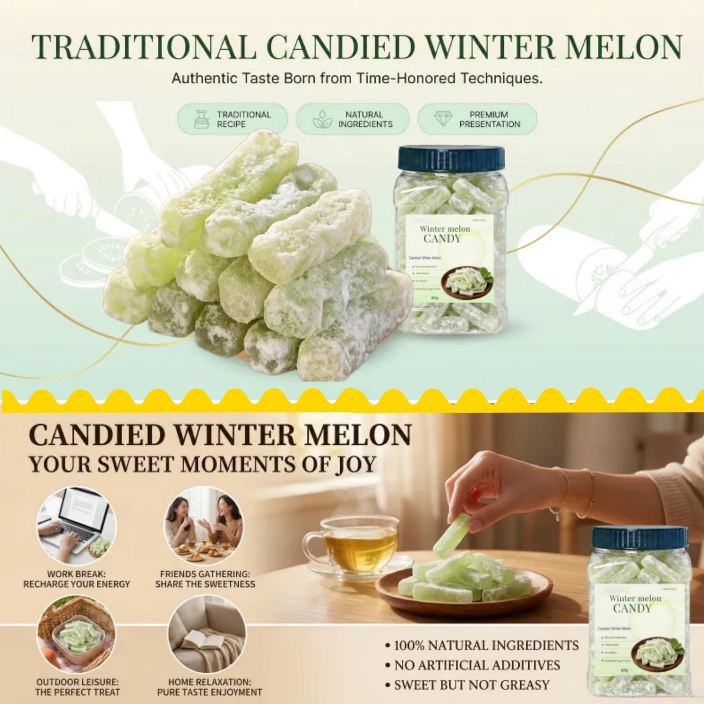 Candied Winter Melon Strips, Rock Sugar Preserved White Gourd, Cantonese Style, 800g, Sealed Jar, Strip Form