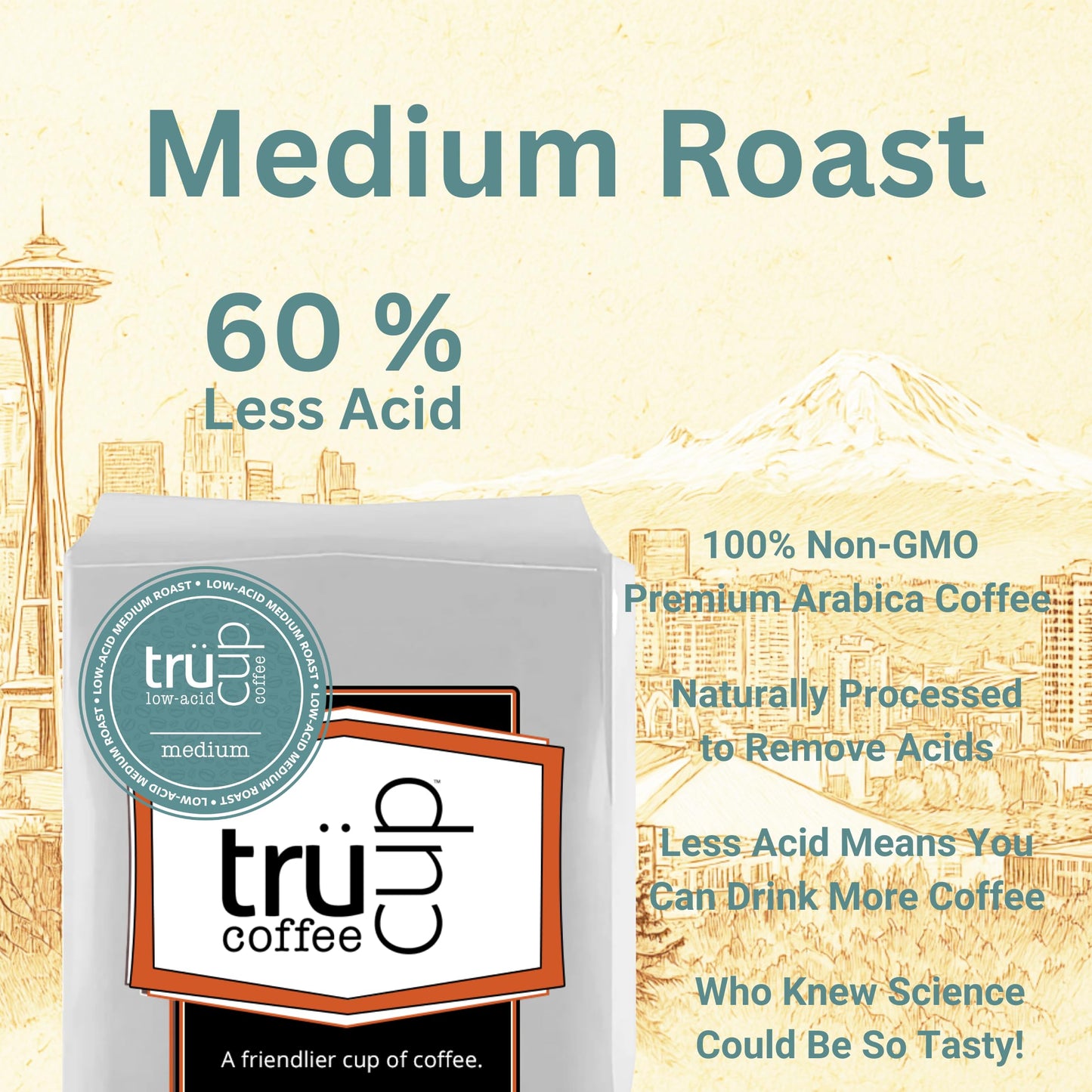 trücup Low Acid Coffee, Ground Coffee Medium Roast - Drip Grind 12 Oz, Natural Water&Steam Process 60% Less Acid, Smooth Flavor, Stomach-Friendly Rich