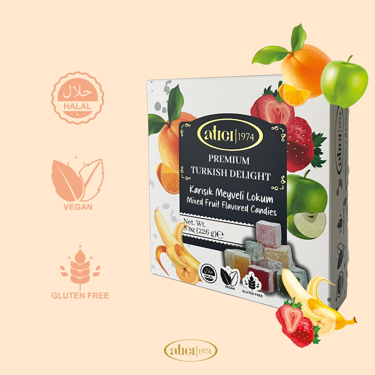 Atici Lokum Authentic Turkish Delight 8oz - Gourmet Vegan Sweets, Gluten-Free, Halal Soft Chewy Candy Gift Box | Traditional Premium Lokum Loukoumi