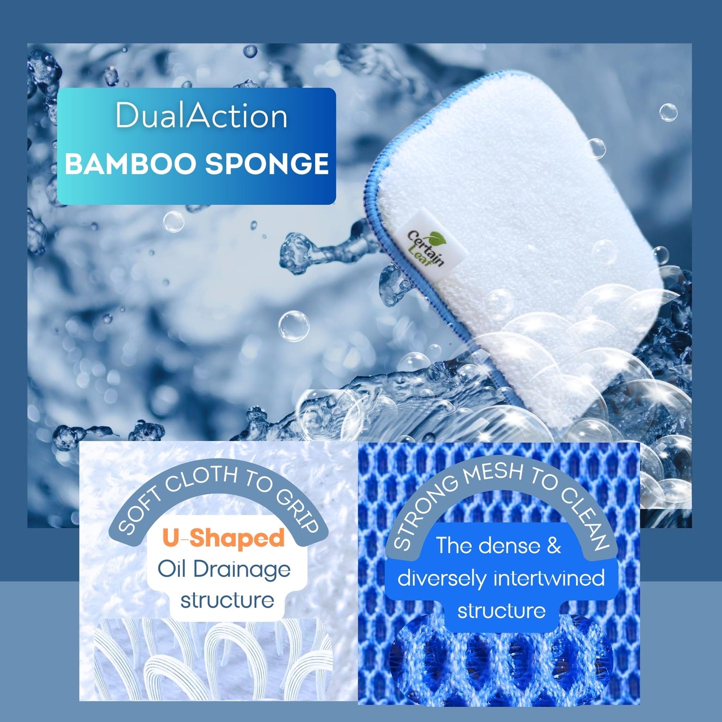 Certain Leaf Kitchen Dish Sponge Set, Dual Sided with Rayon derived from Bamboo and Mesh, Non Scratch Kitchen Cleaning Sponge Extra Absorbent Dish
