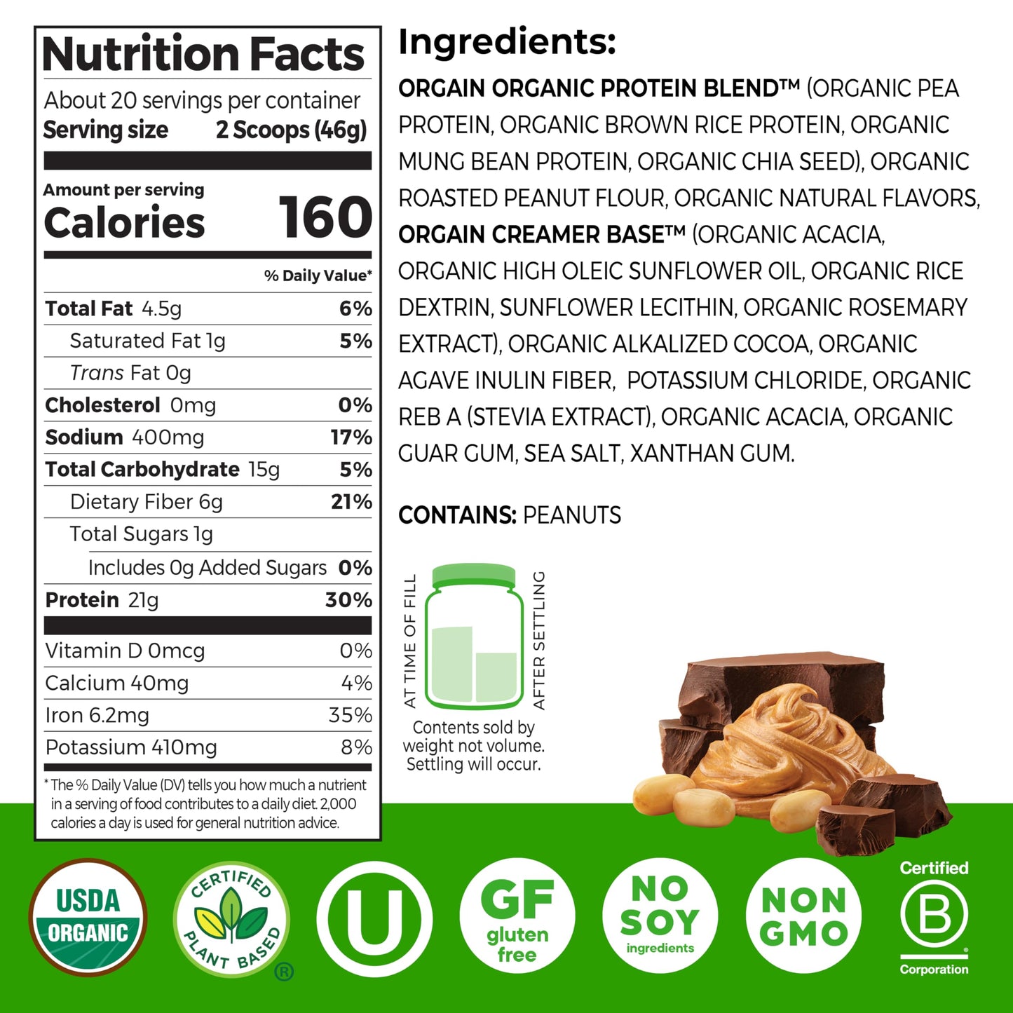 Orgain Organic Vegan Protein Powder, Chocolate Peanut Butter - 21g Plant Protein, 6g Prebiotic Fiber, Low Net Carb, No Lactose Ingredients, No Added