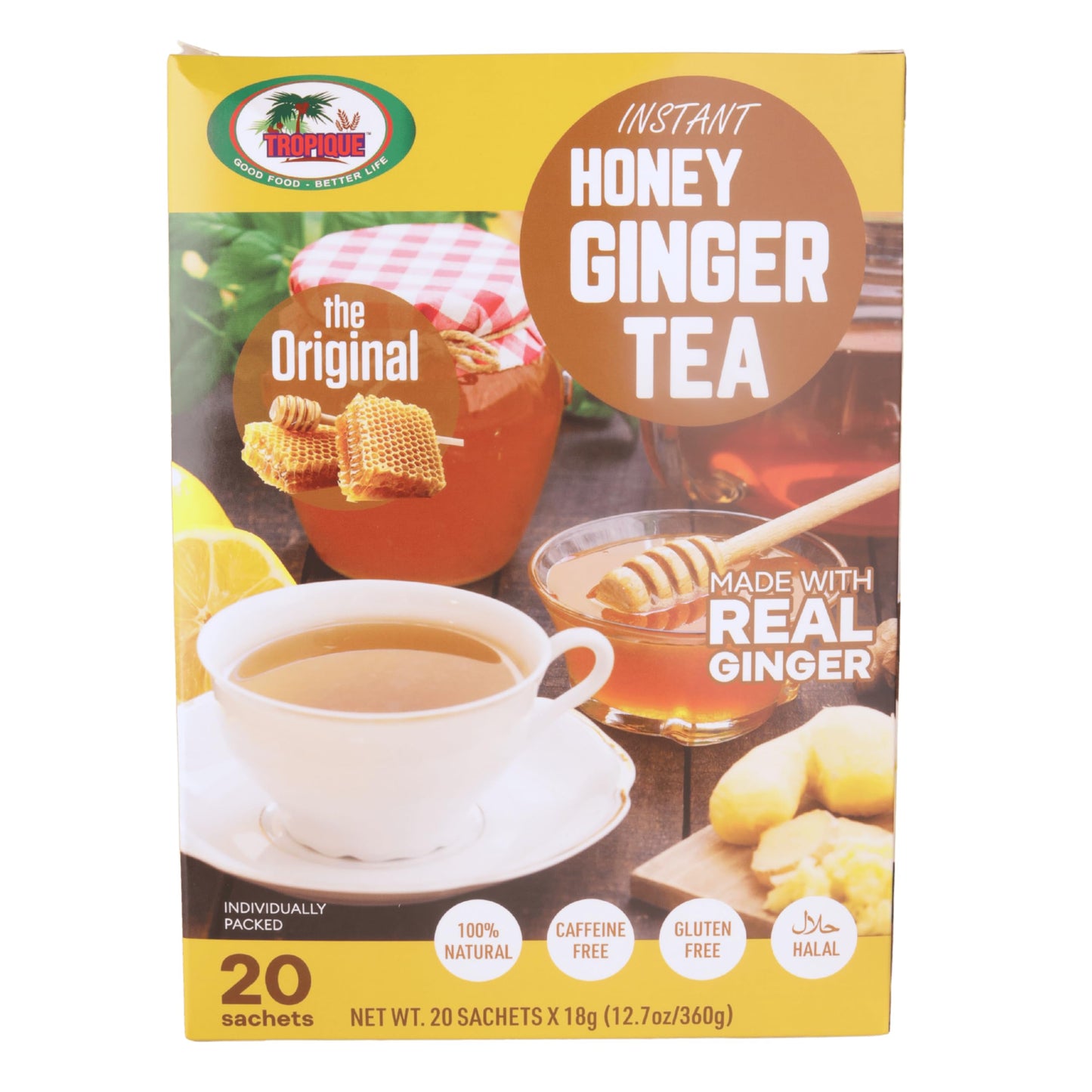 Ginger Tea with Honey - Original Flavor - Instant Herbal Ginger Drink - 20 Sachets - Tropique