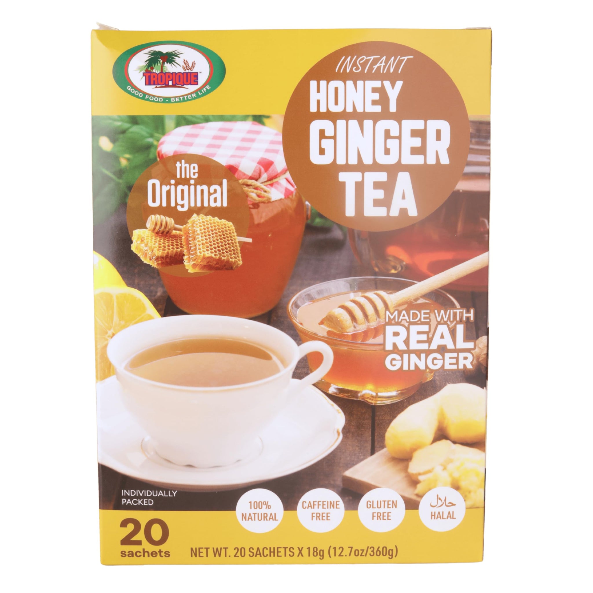 Ginger Tea with Honey - Original Flavor - Instant Herbal Ginger Drink - 20 Sachets - Tropique