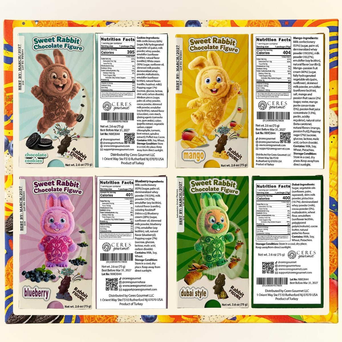 Dubai Chocolate Bars - Dubai Style - Cookies - Mango - Blueberry Flavors - 4x75g